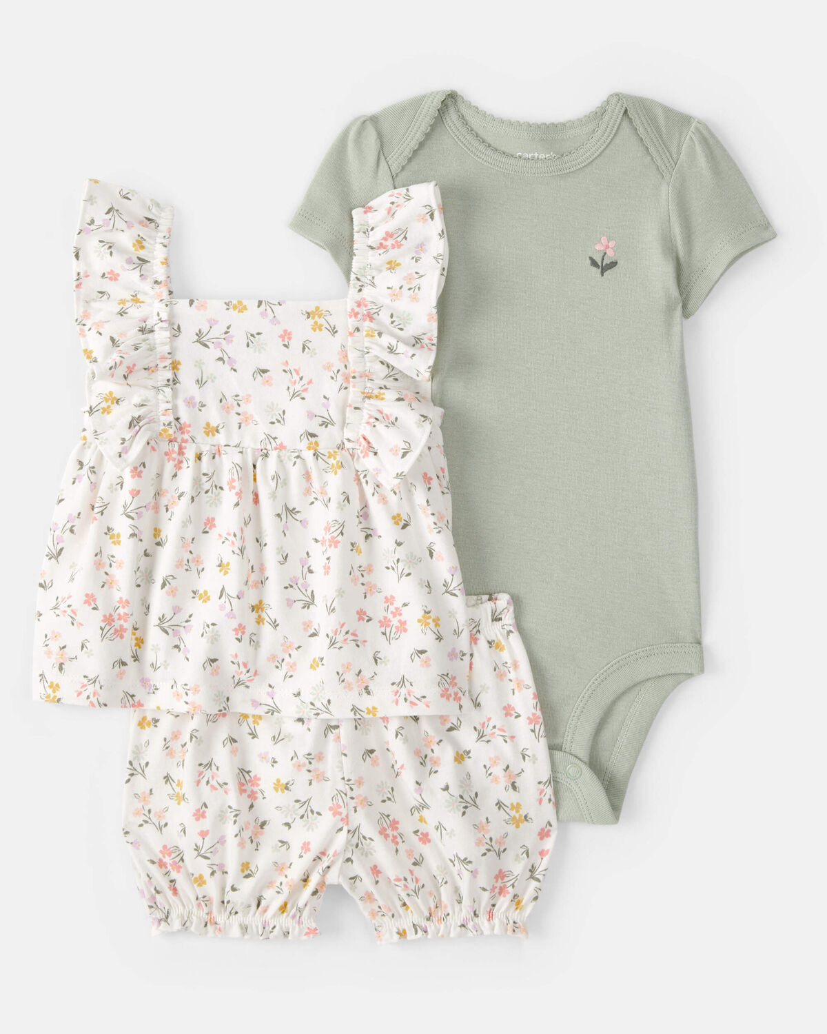 Baby Girl 3-Piece Floral Outfit Set - White/Green 1 Baby Girl 3-Piece Floral Outfit Set - White/Green