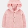 Baby Hooded Waffle Knit Cardigan - Pink
