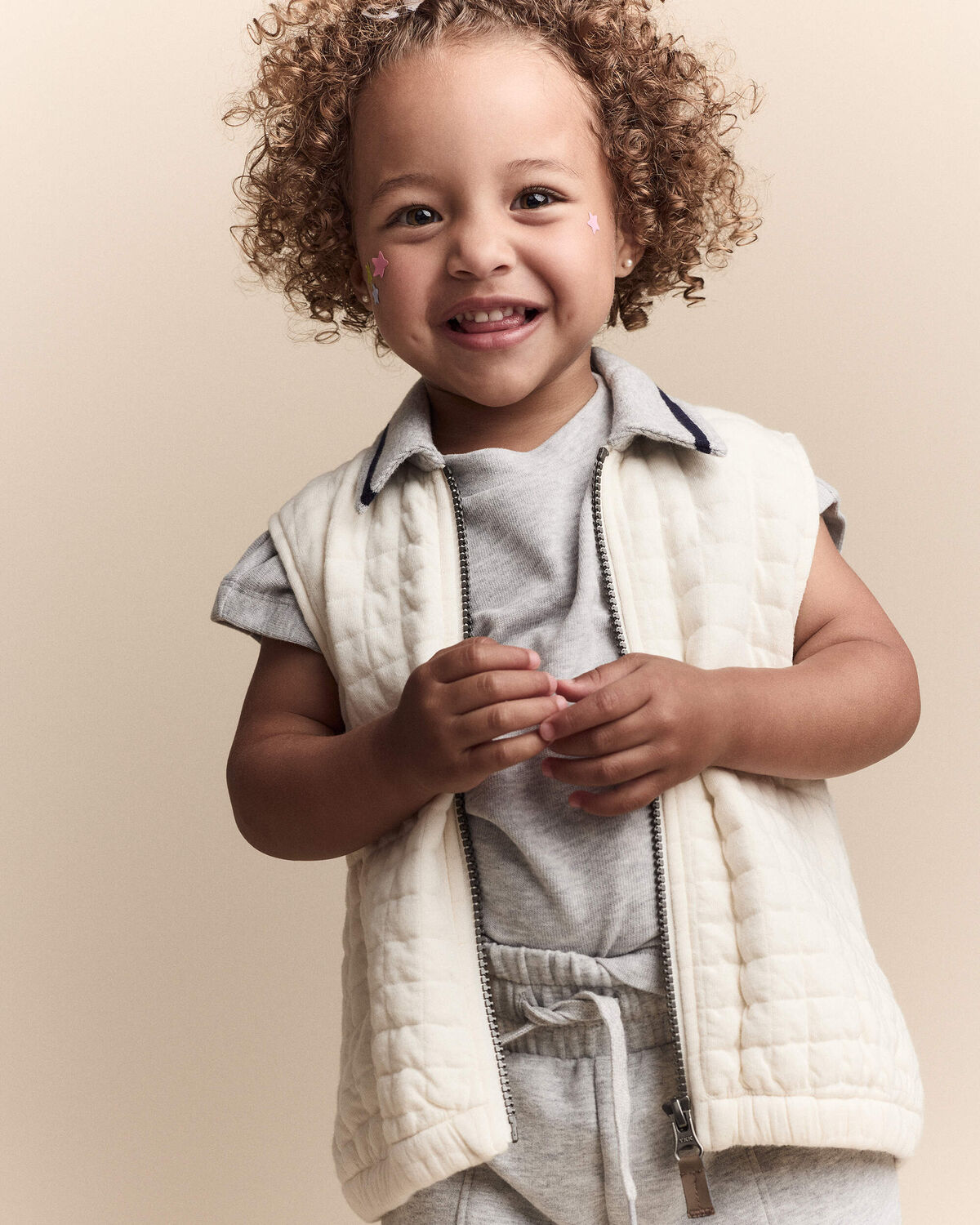 Toddler Quilted Zip-Up Collard Vest - Cream
