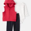 Baby Girl 3-Piece Heart Quilted Vest Outfit Set - Red