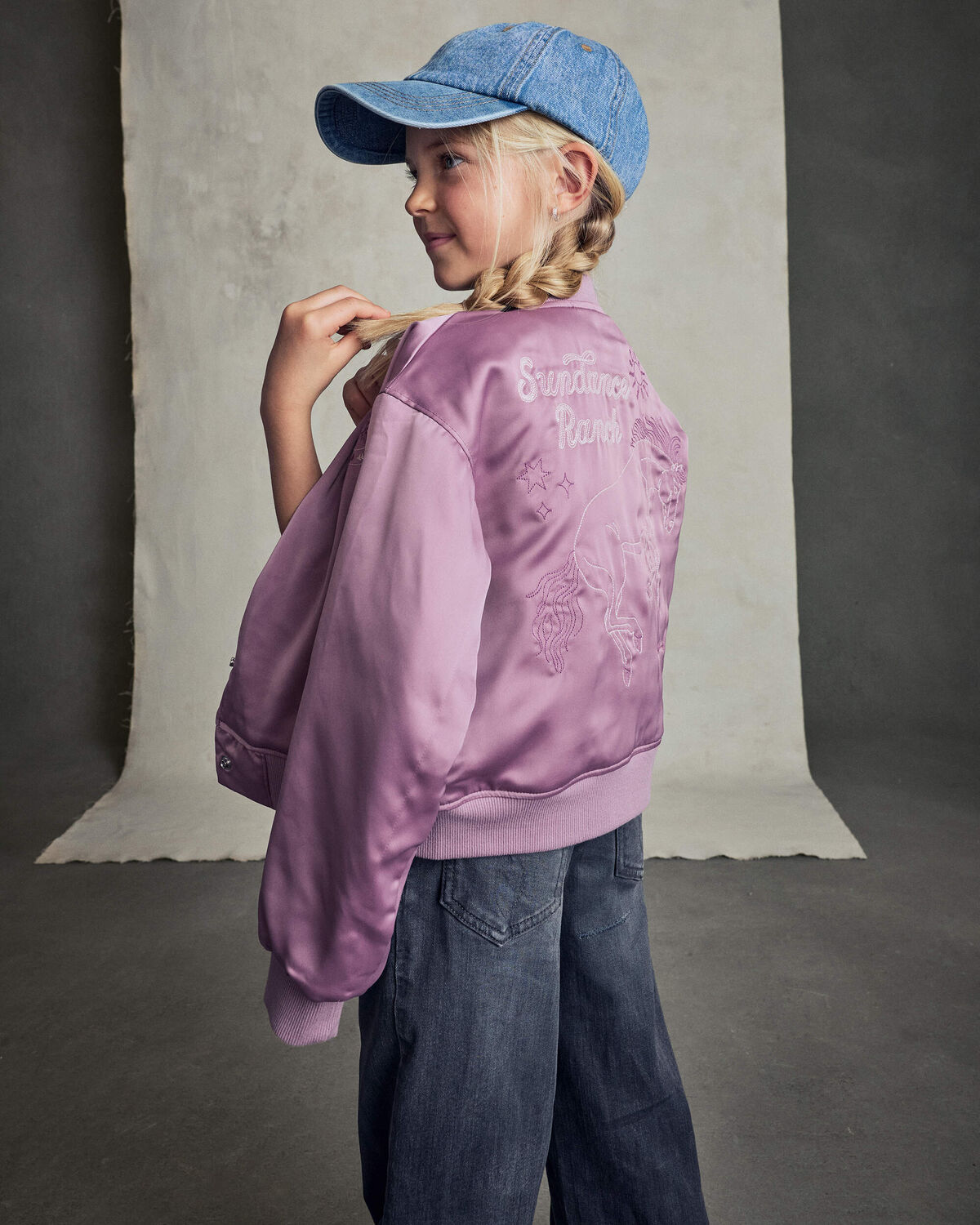 Girls 'Sundance Ranch' Horse Poplin Bomber Jacket - Purple 3 Girls 'Sundance Ranch' Horse Poplin Bomber Jacket - Purple