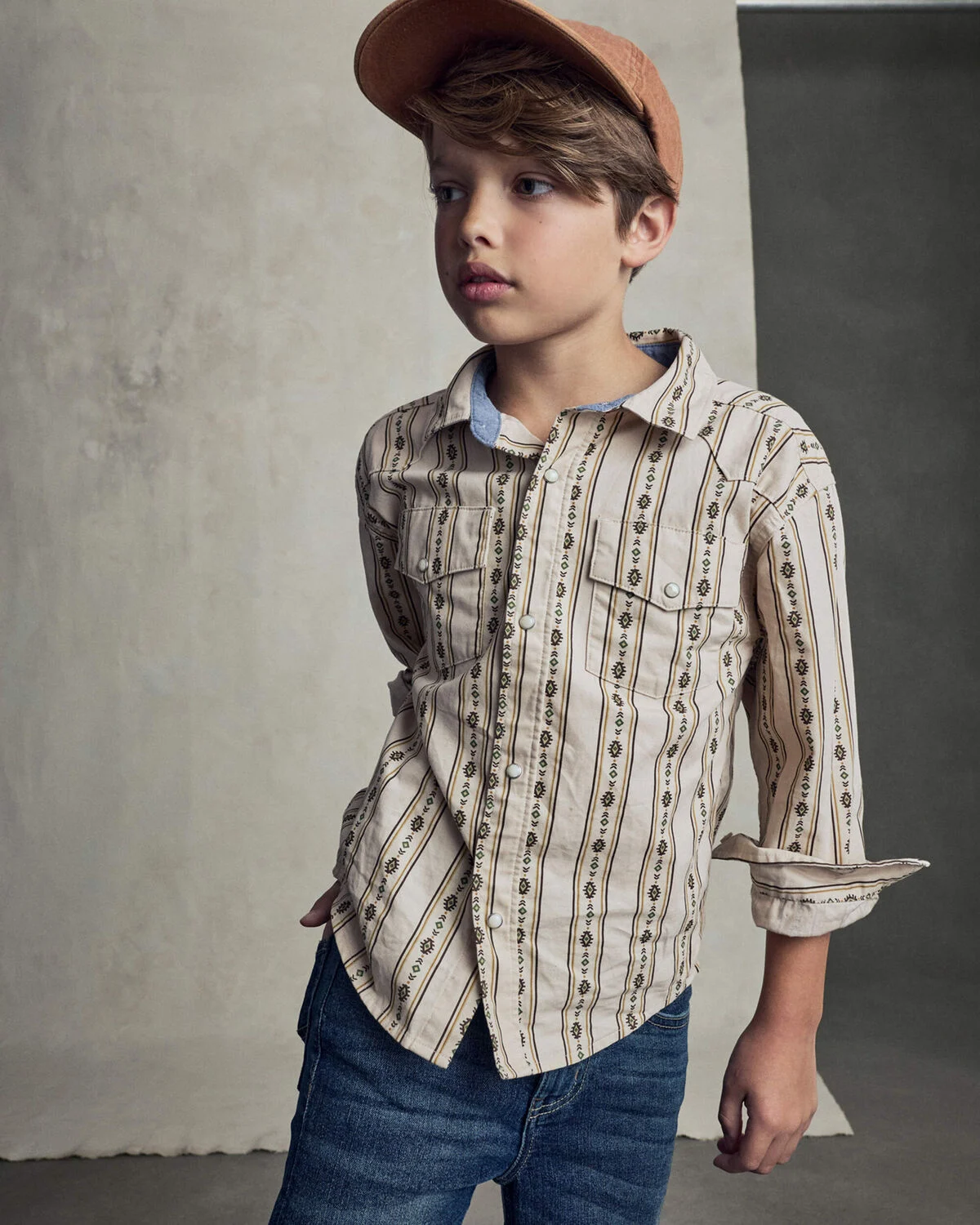 Boys Striped Canvas Button-Down Shirt - Khaki 3 Boys Striped Canvas Button-Down Shirt - Khaki