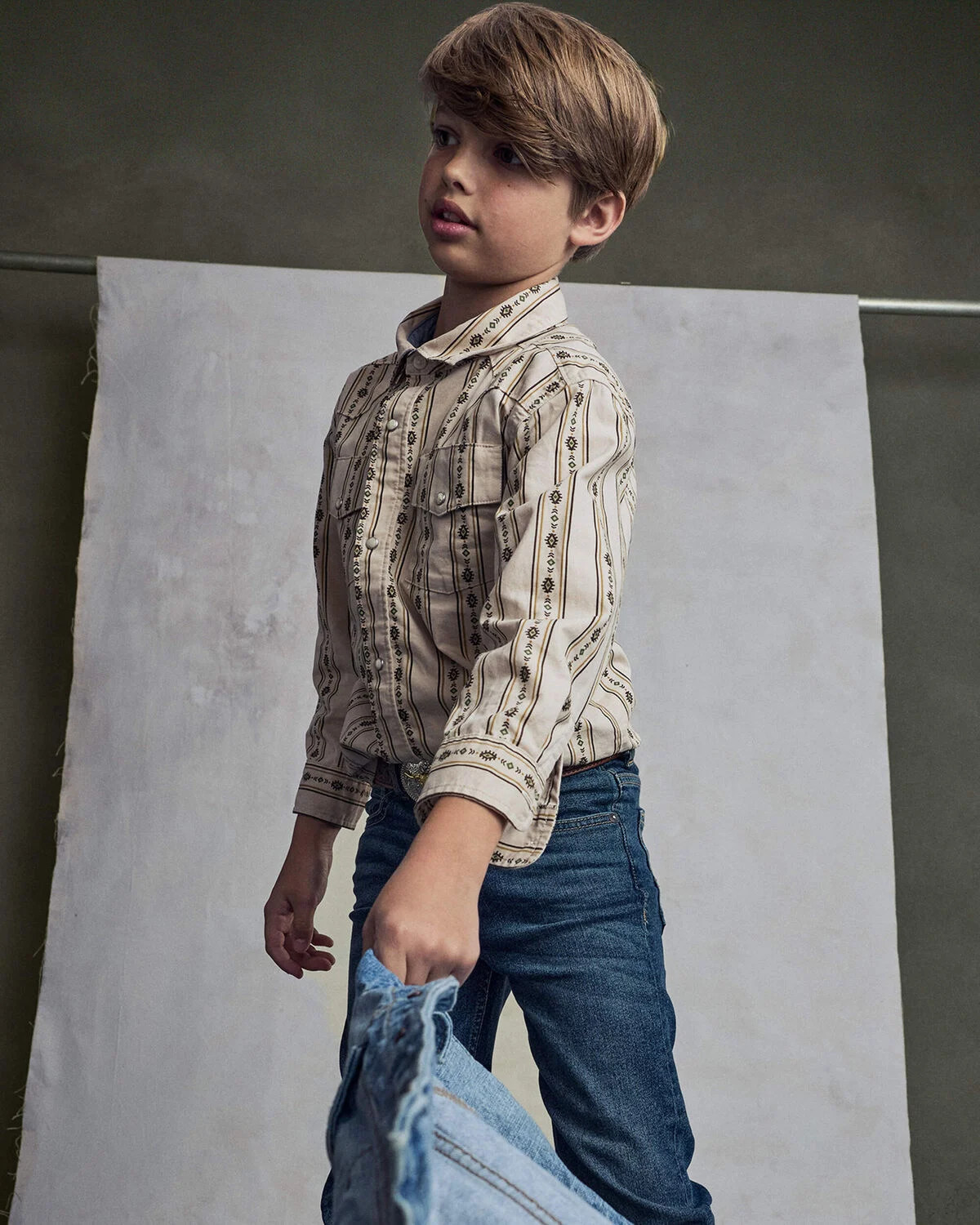 Boys Striped Canvas Button-Down Shirt - Khaki 6 Boys Striped Canvas Button-Down Shirt - Khaki