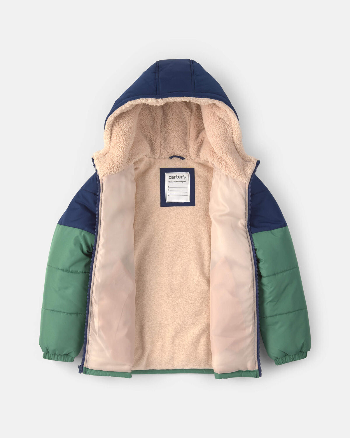 Boys Color Block Hooded Heavyweight Quilted Winter Jacket - Blue/Green