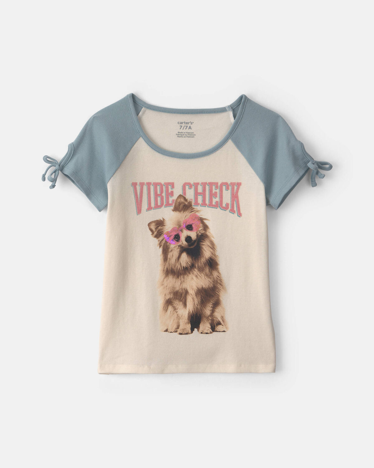 Girls 'Vibe Check' Dog Graphic Tee - Cream/Blue