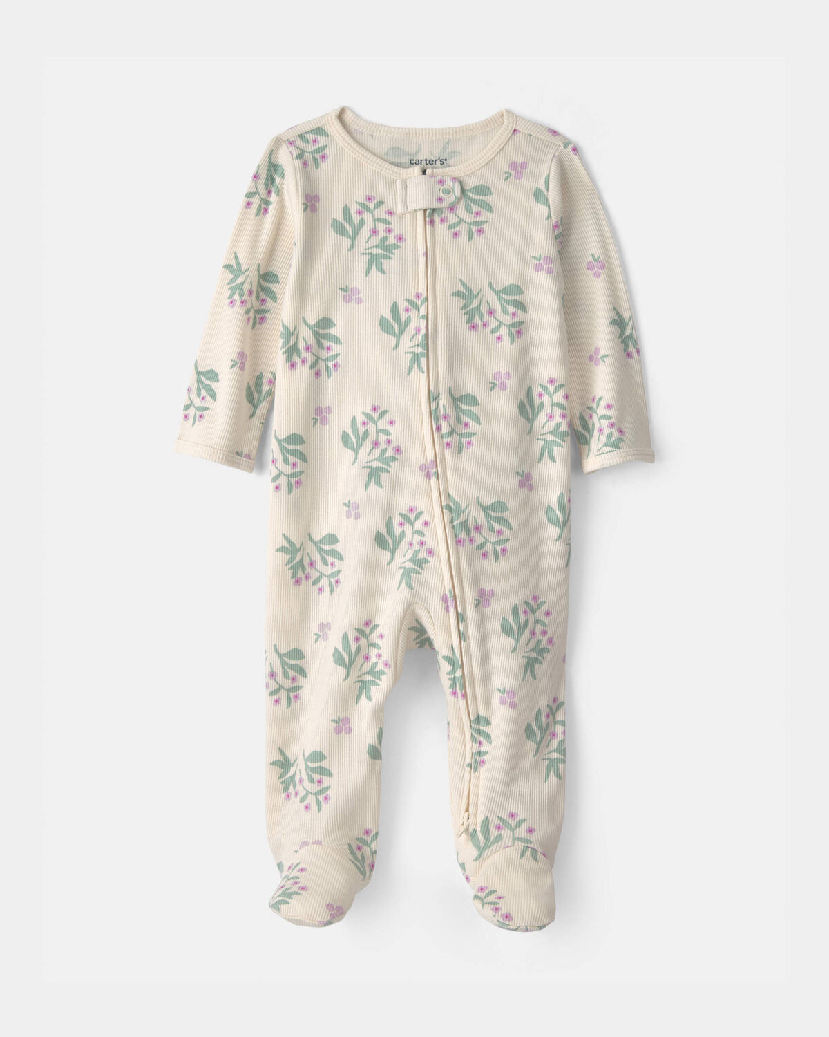 Baby Girl Floral Cotton 2-Way Zip Sleep & Play Pajamas - Ivory 1 Baby Girl Floral Cotton 2-Way Zip Sleep & Play Pajamas - Ivory