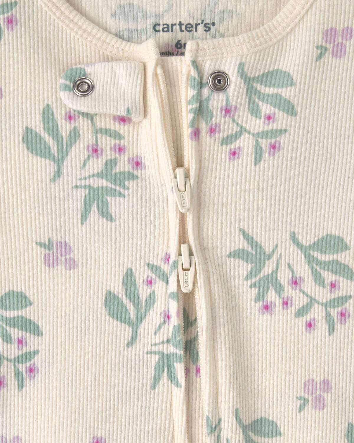 Baby Girl Floral Cotton 2-Way Zip Sleep & Play Pajamas - Ivory 3 Baby Girl Floral Cotton 2-Way Zip Sleep & Play Pajamas - Ivory