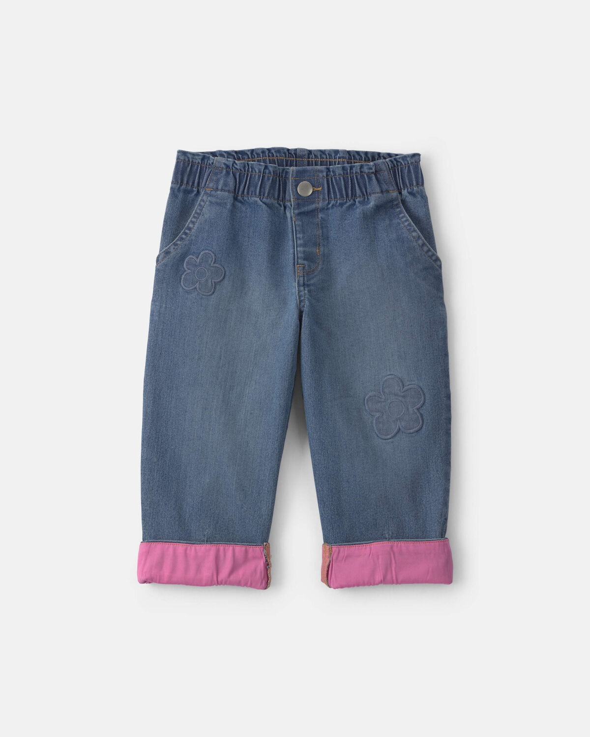 Acid Wash Denim Baggy Cuffed Flower Jeans - Blue/Pink