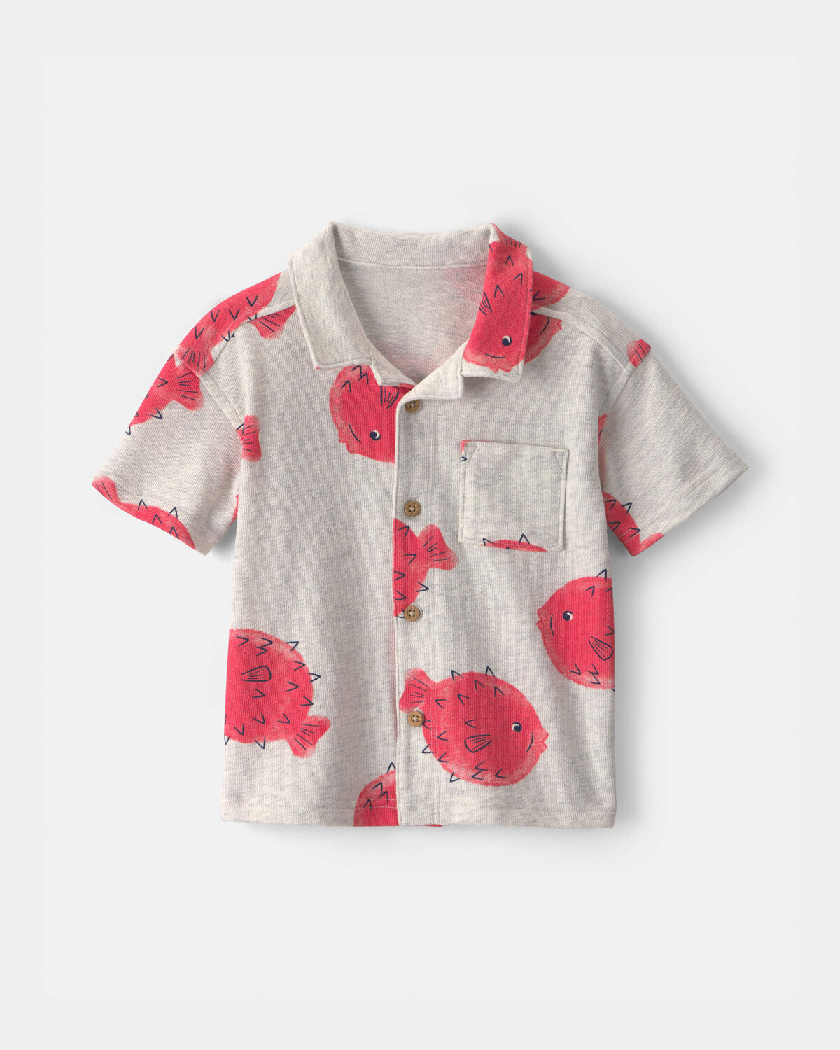 Toddler Boy Pufferfish Short-Sleeve Button-Down Shirt - Grey/Red 1 Toddler Boy Pufferfish Short-Sleeve Button-Down Shirt - Grey/Red