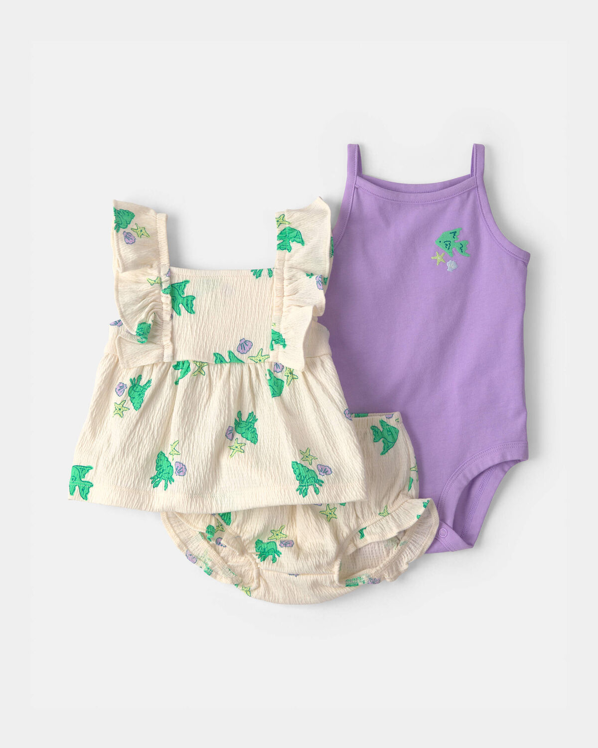 Baby Girl 3-Piece Fish Top & Short Set - Purple/Ivory 1 Baby Girl 3-Piece Fish Top & Short Set - Purple/Ivory