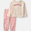 Baby Girl 2-Piece 'Happy' Twill Long-Sleeve Top & Pant Set - Pink/Cream 6 Baby Girl 2-Piece 'Happy' Twill Long-Sleeve Top & Pant Set - Pink/Cream