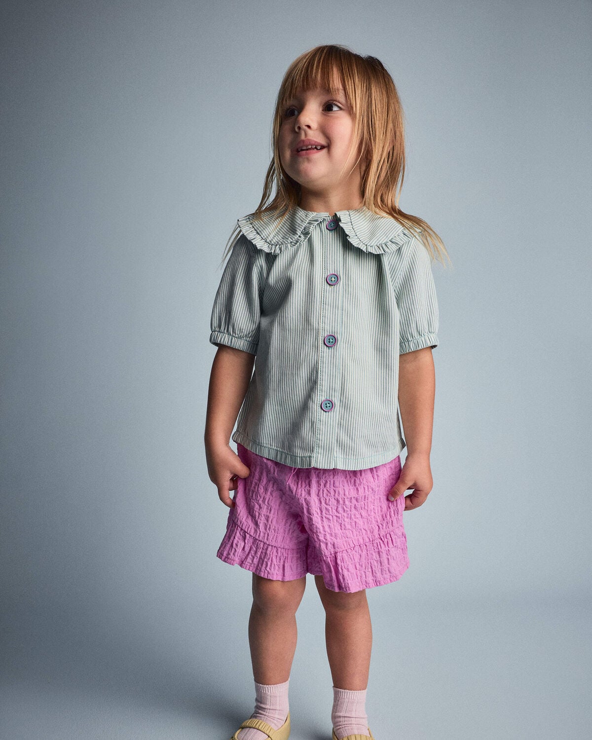 Toddler Girl Peter Pan Collar Top in Stripes - Teal 1 Toddler Girl Peter Pan Collar Top in Stripes - Teal