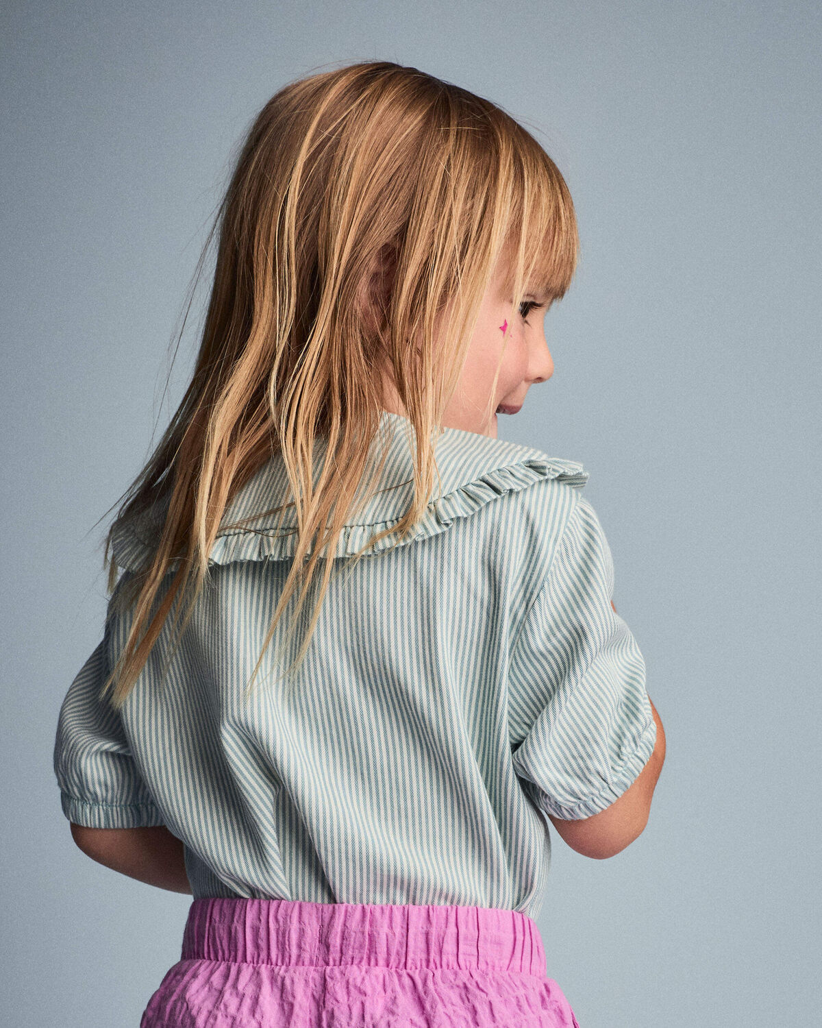 Toddler Girl Peter Pan Collar Top in Stripes - Teal 5 Toddler Girl Peter Pan Collar Top in Stripes - Teal