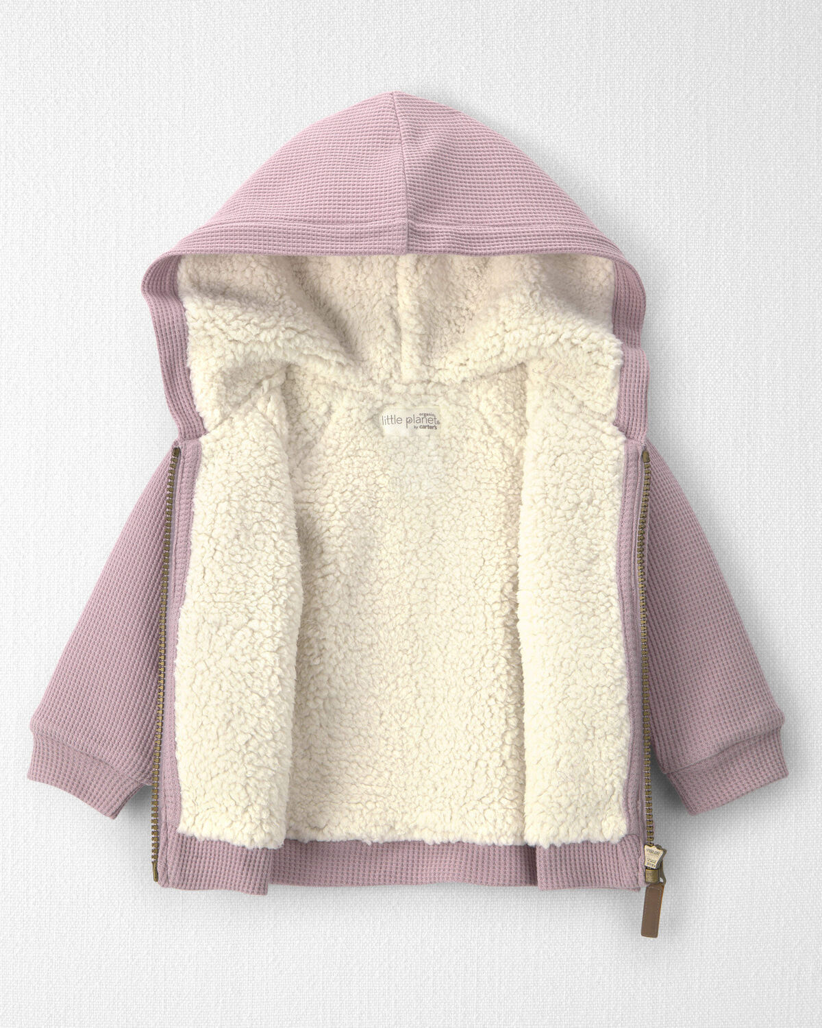 Baby Girl Recycled Teddy Fleece Waffle Knit Hooded Jacket Made with Organic Cotton 2 Baby Girl Recycled Teddy Fleece Waffle Knit Hooded Jacket Made with Organic Cotton
