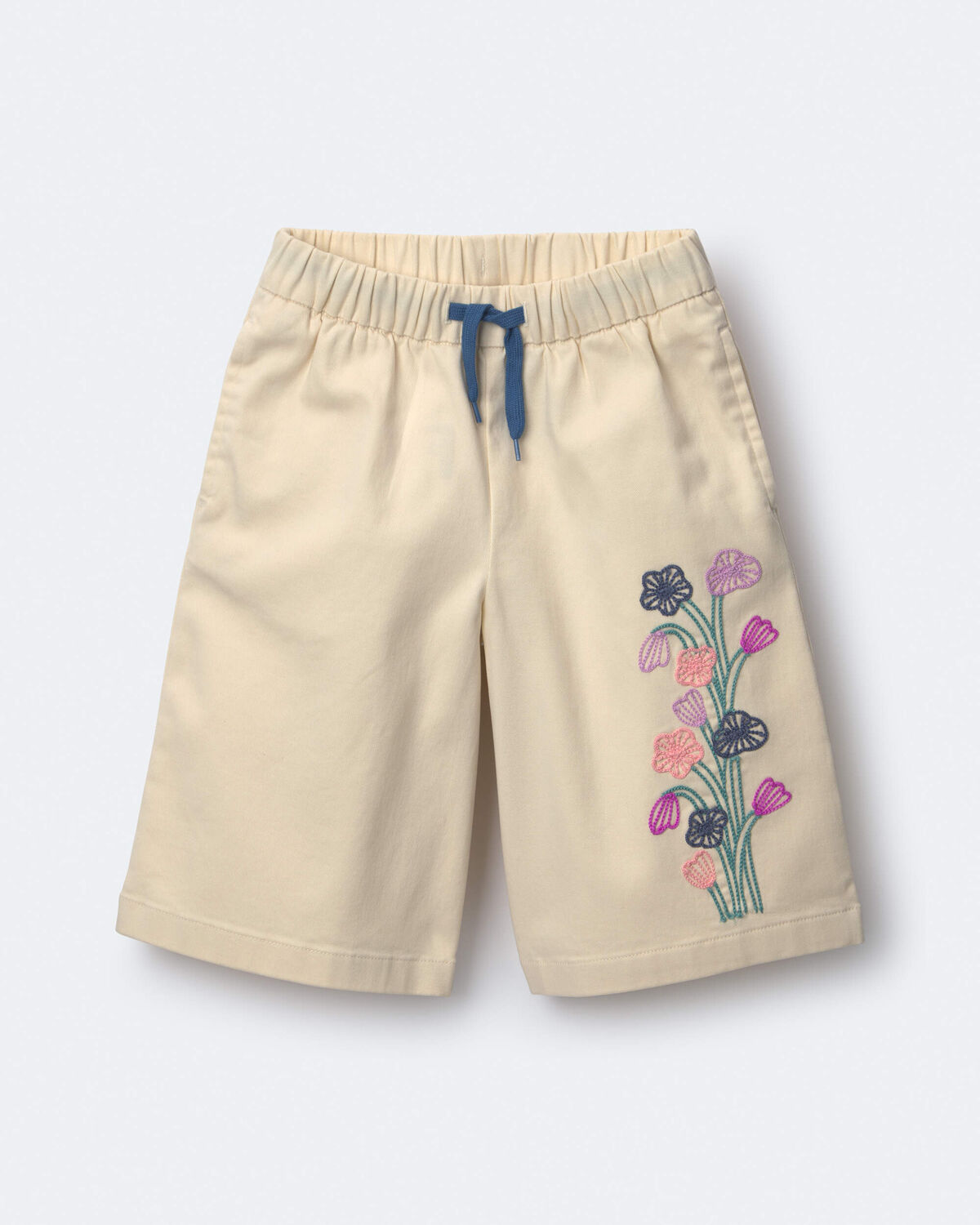 Toddler Girl Embroidered Wide-Leg Pants with Flowers - Cream