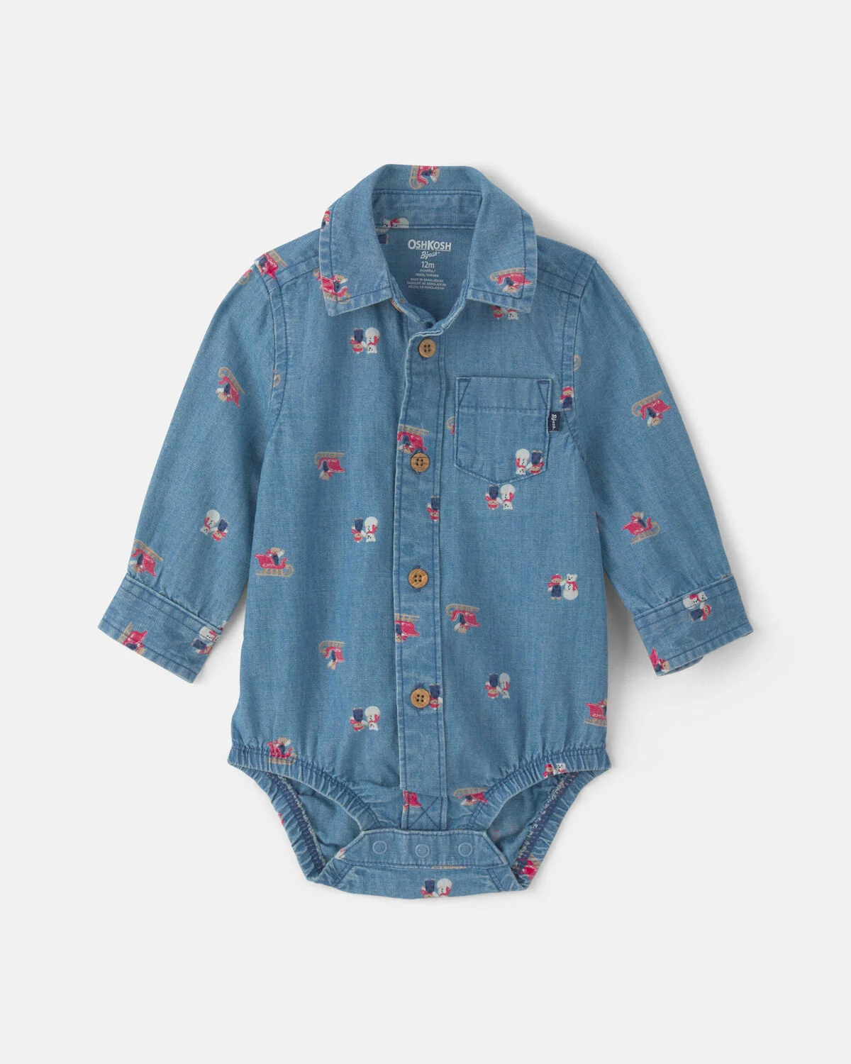 Baby Boy Snowman Chambray Long-Sleeve Bodysuit - Blue 1 Baby Boy Snowman Chambray Long-Sleeve Bodysuit - Blue