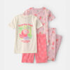 Girls 'Sunrise Club' Fruit 100% Cotton 4-Piece Pajama Set - Pink 4 Girls 'Sunrise Club' Fruit 100% Cotton 4-Piece Pajama Set - Pink