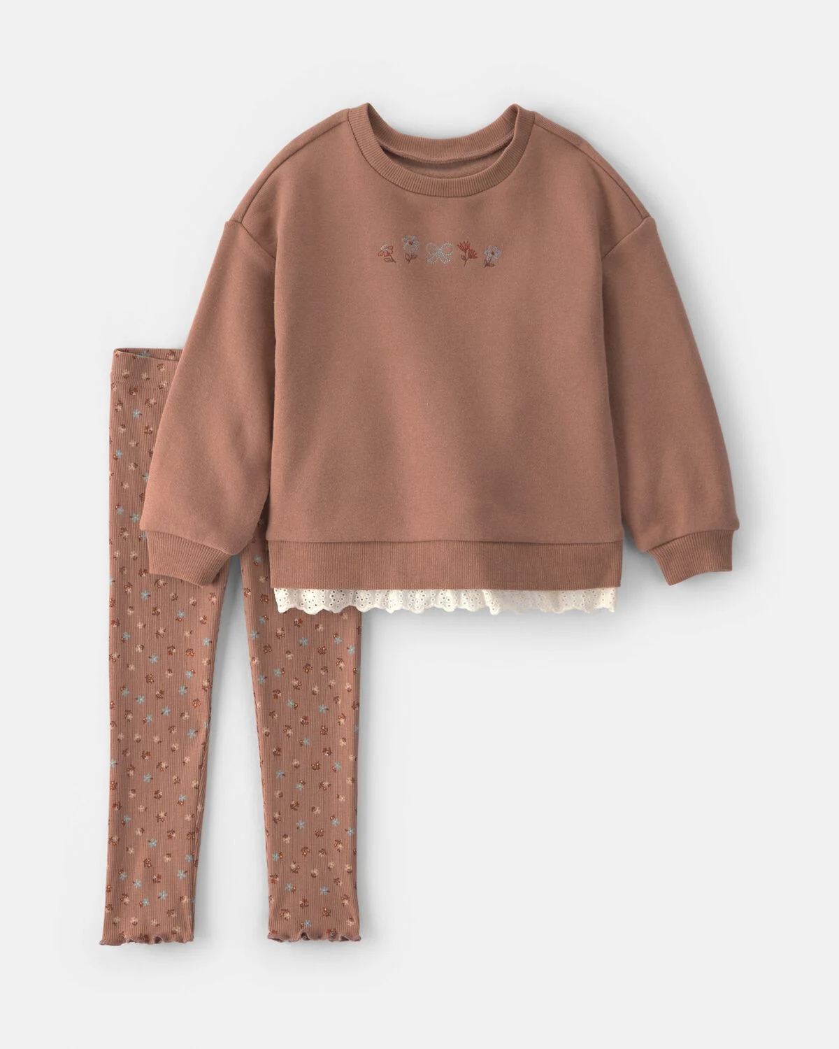 Toddler Girl 2-Piece Floral Fleece Sweatshirt & Pant Set - Brown 1 Toddler Girl 2-Piece Floral Fleece Sweatshirt & Pant Set - Brown