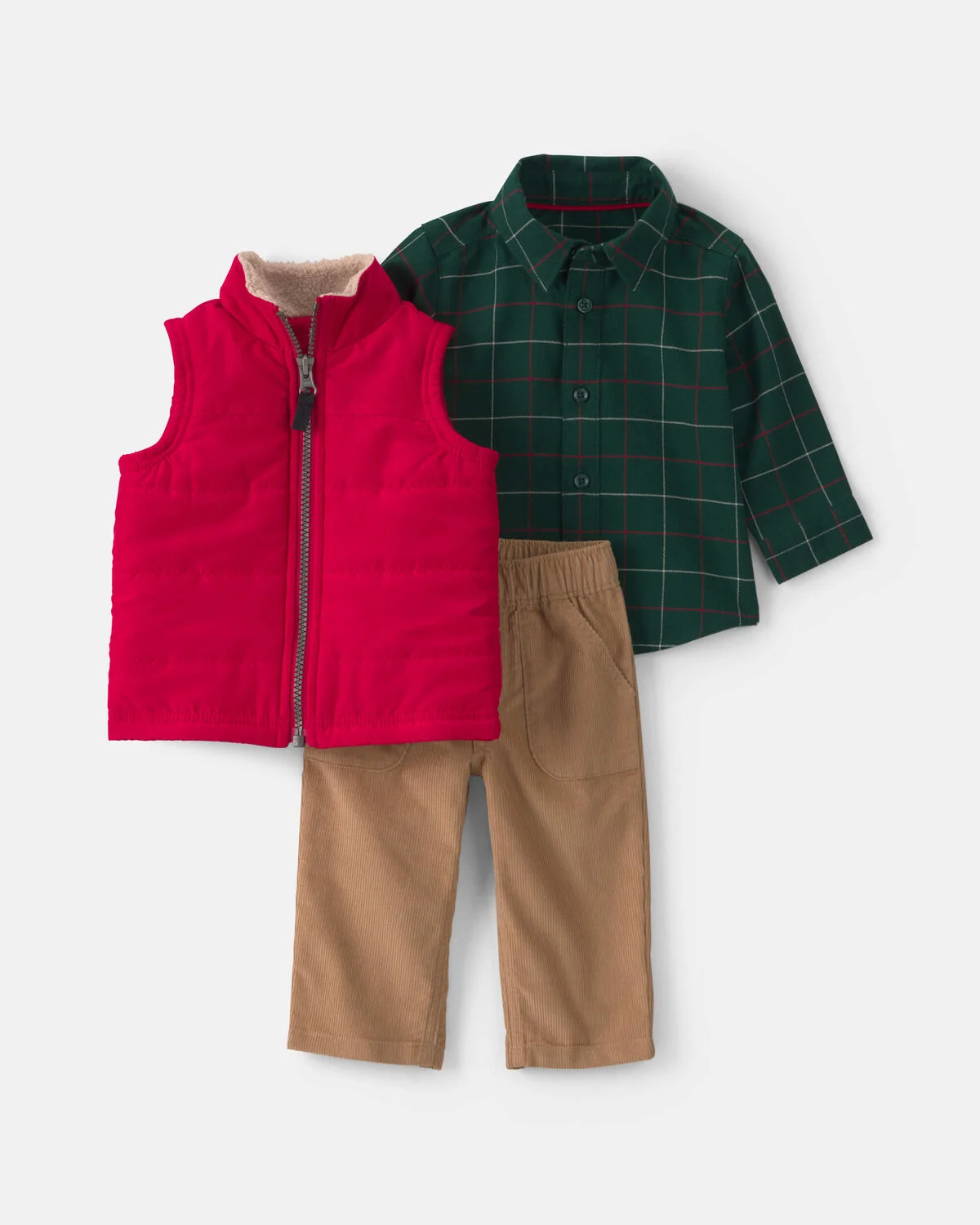 Baby Boy 3-Piece Plaid Twill Long-Sleeve Layering Set - Red/Green/Khaki 1 Baby Boy 3-Piece Plaid Twill Long-Sleeve Layering Set - Red/Green/Khaki