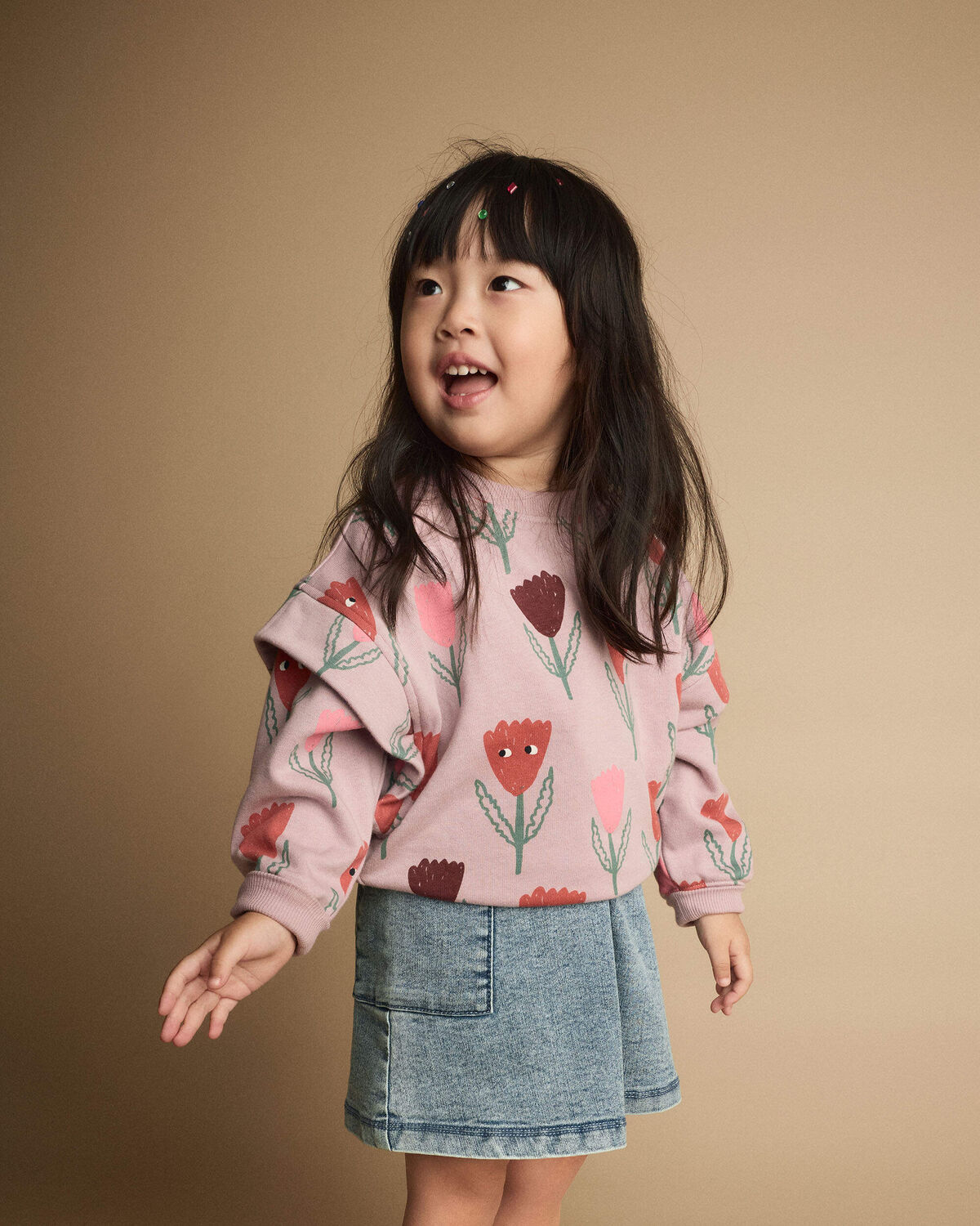 Toddler Girl Double Layer Pullover Sweatshirt in Tulip Print - Mauve