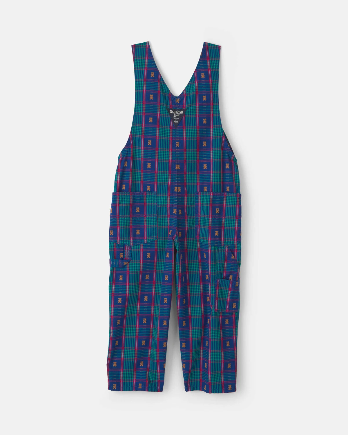 Toddler Girl Plaid Bear Overalls - Blue