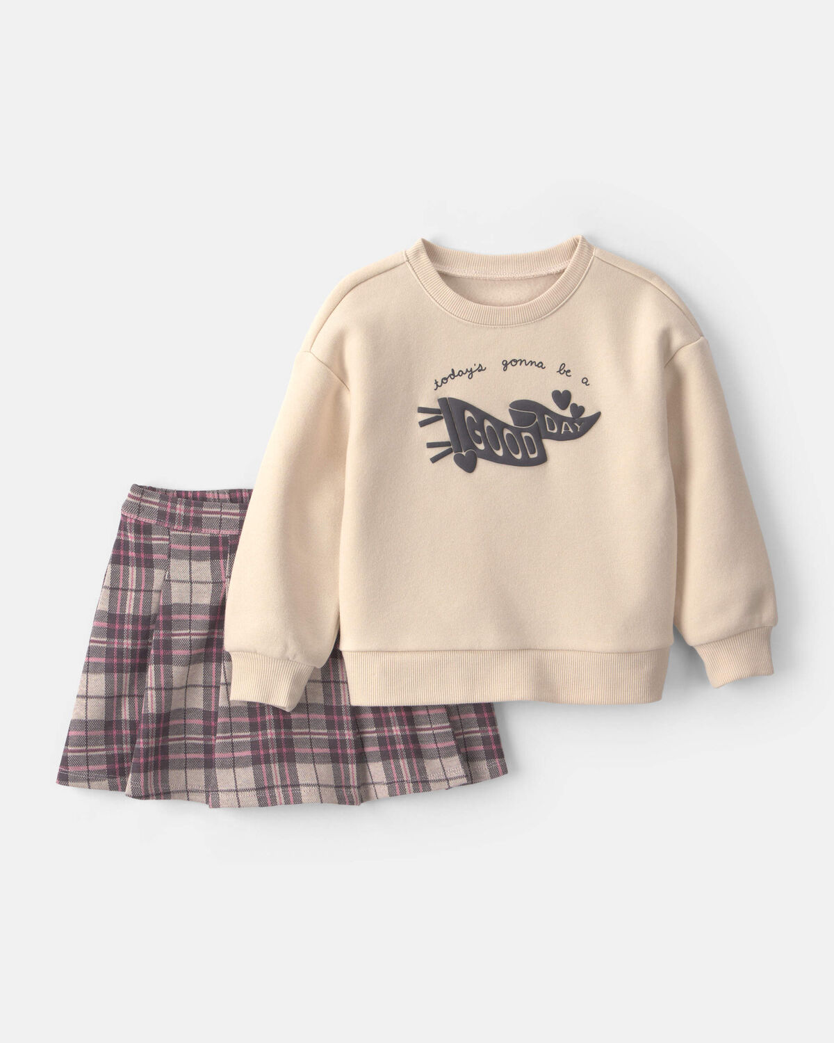 Toddler Girl 2-Piece 'Good Day' Plaid Fleece Sweatshirt & Skirt Set - Cream/Burgundy 1 Toddler Girl 2-Piece 'Good Day' Plaid Fleece Sweatshirt & Skirt Set - Cream/Burgundy
