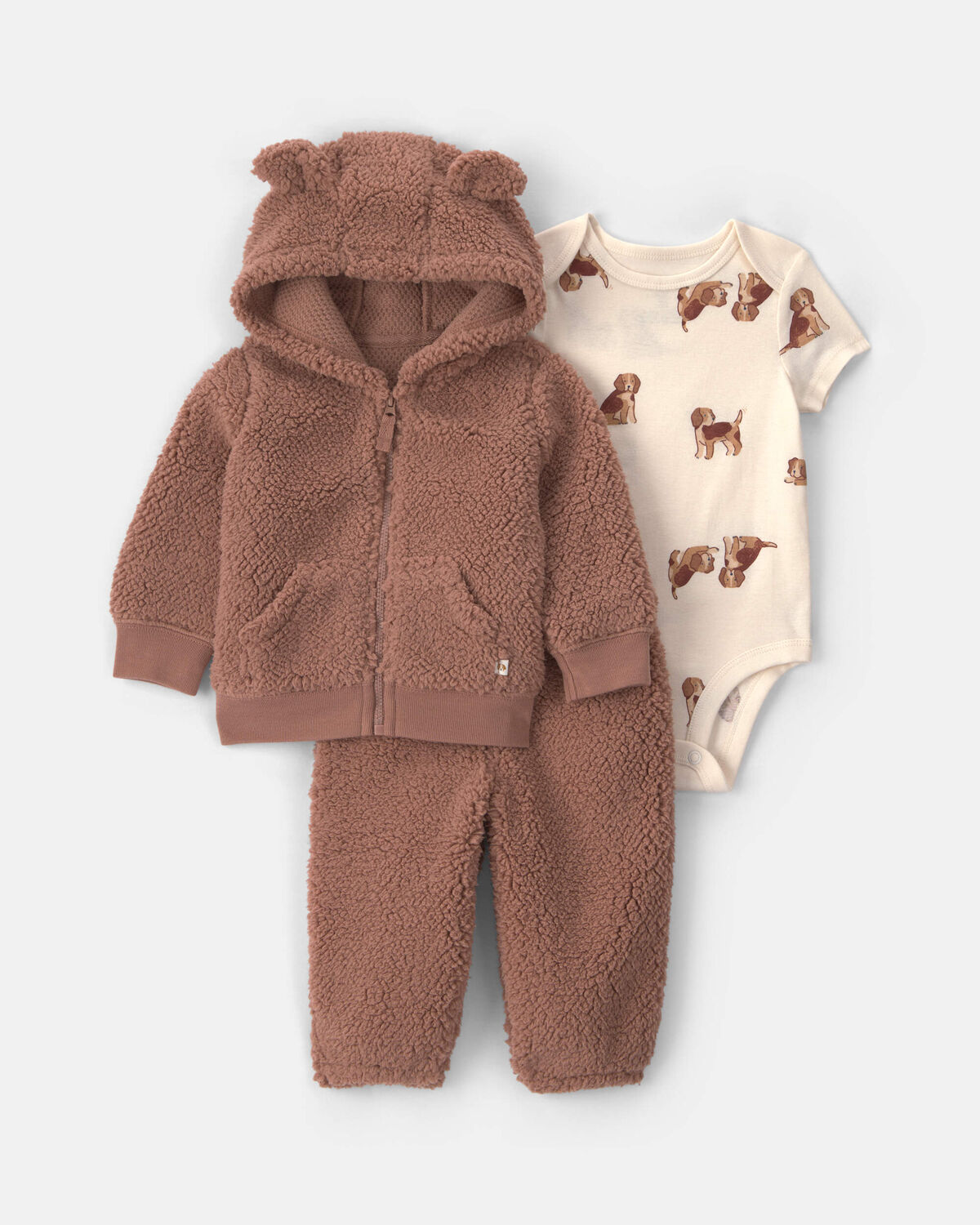 Baby Boy 3-Piece Dog Teddy Fleece Layering Set - Brown 1 Baby Boy 3-Piece Dog Teddy Fleece Layering Set - Brown