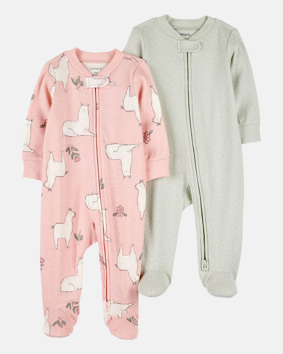 Baby Girl 2-Pack 2-Way Zip Cotton Sleep & Play Pajamas - Pink/Green 1 Baby Girl 2-Pack 2-Way Zip Cotton Sleep & Play Pajamas - Pink/Green