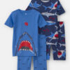 Boys Shark 100% Cotton Short-Sleeve Snug Fit 4-Piece Pajama Set - Blue