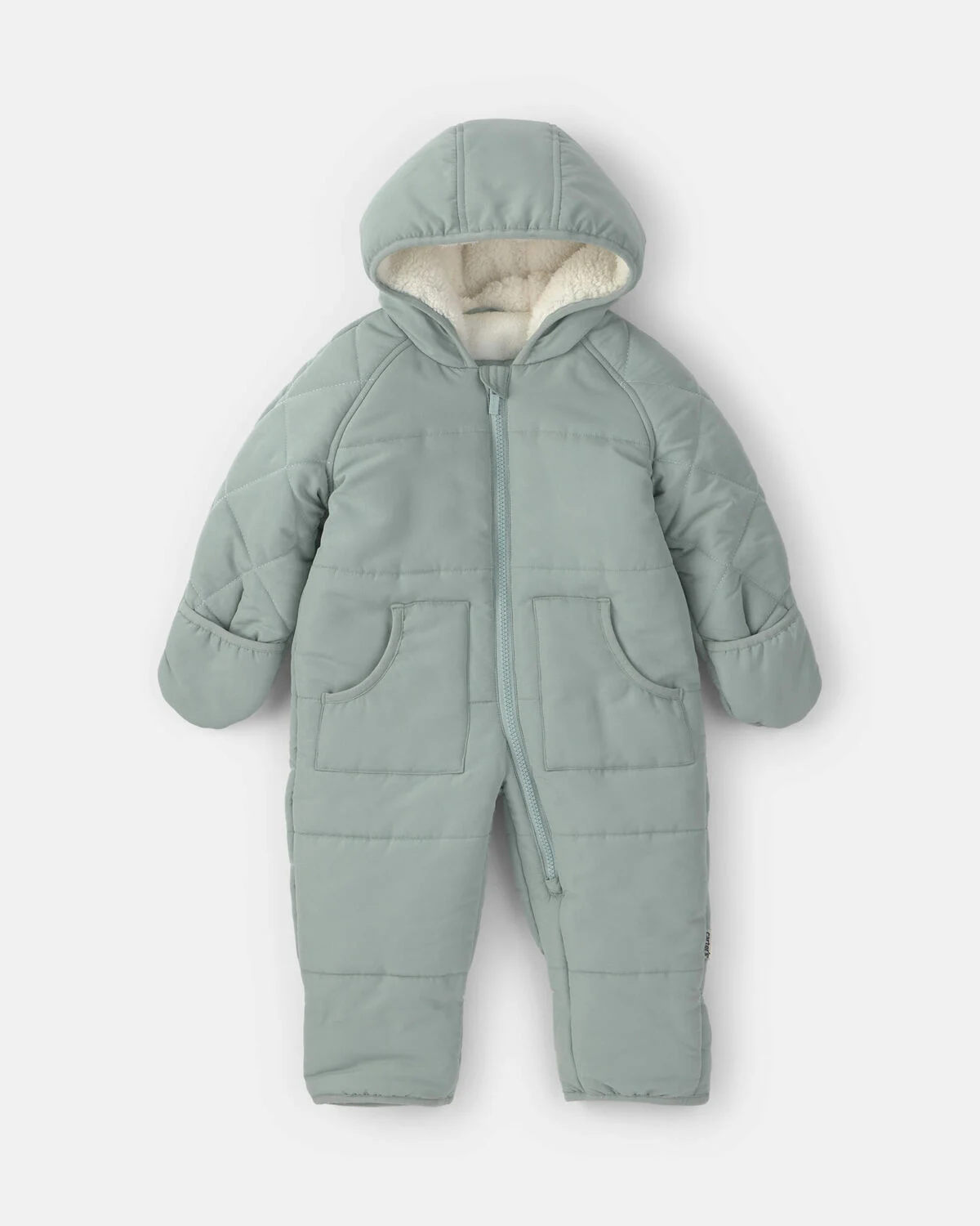 Baby Boy 1-Piece Hooded Teddy Fleece Quilted Pram Snowsuit - Green