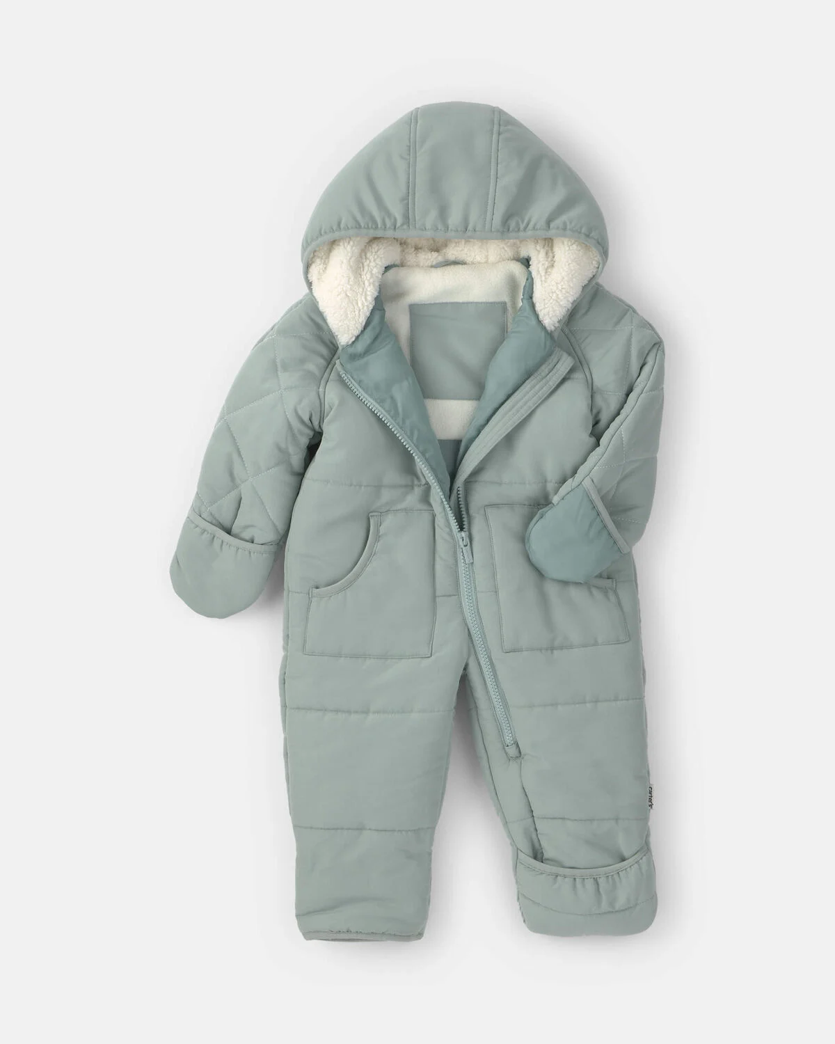 Baby Boy 1-Piece Hooded Teddy Fleece Quilted Pram Snowsuit - Green