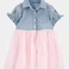 Baby Denim Shirt Dress With Tulle Skirt