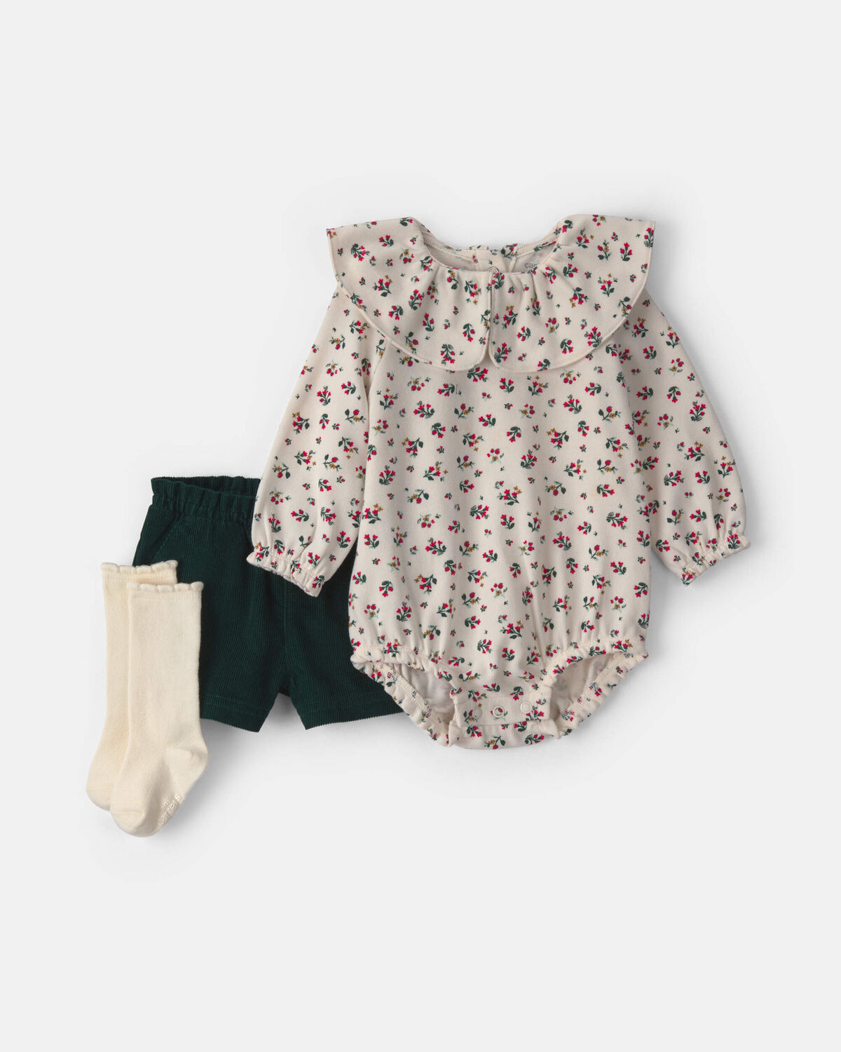 Baby Girl 3-Piece Floral Corduroy Long-Sleeve Bodysuit & Short Set 1 Baby Girl 3-Piece Floral Corduroy Long-Sleeve Bodysuit & Short Set