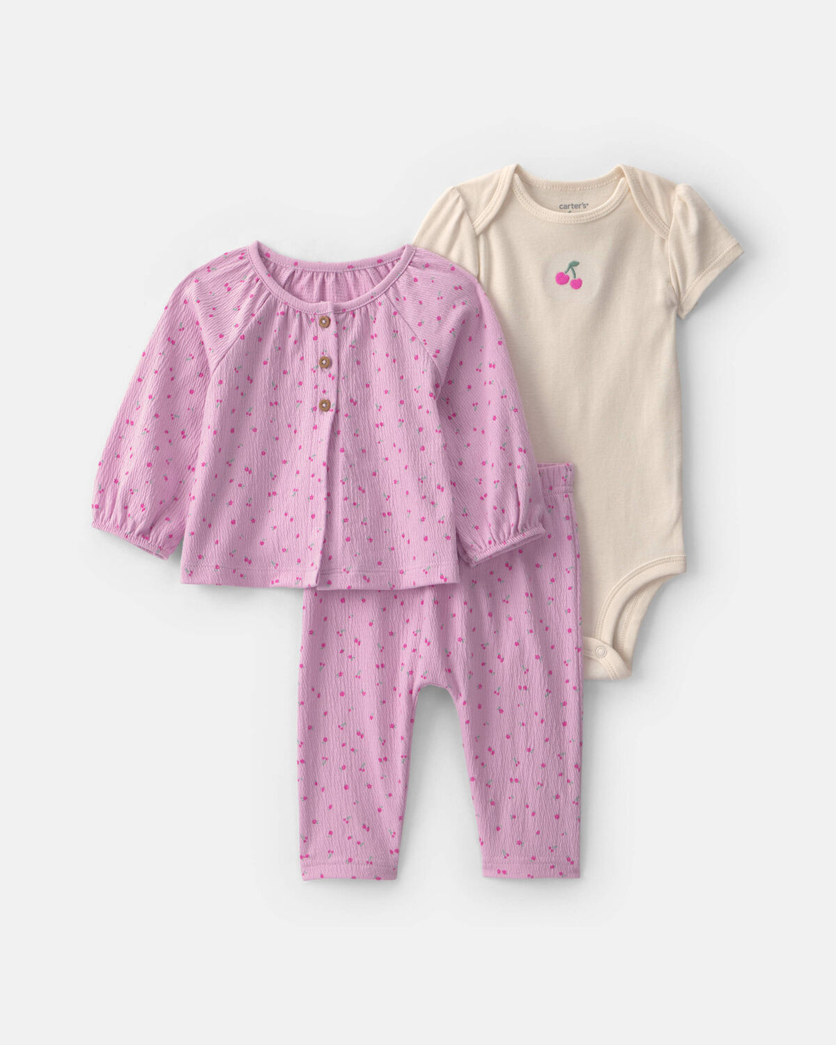 Baby Girl 3-Piece Cherry Layering Set - Pink/Ivory 1 Baby Girl 3-Piece Cherry Layering Set - Pink/Ivory