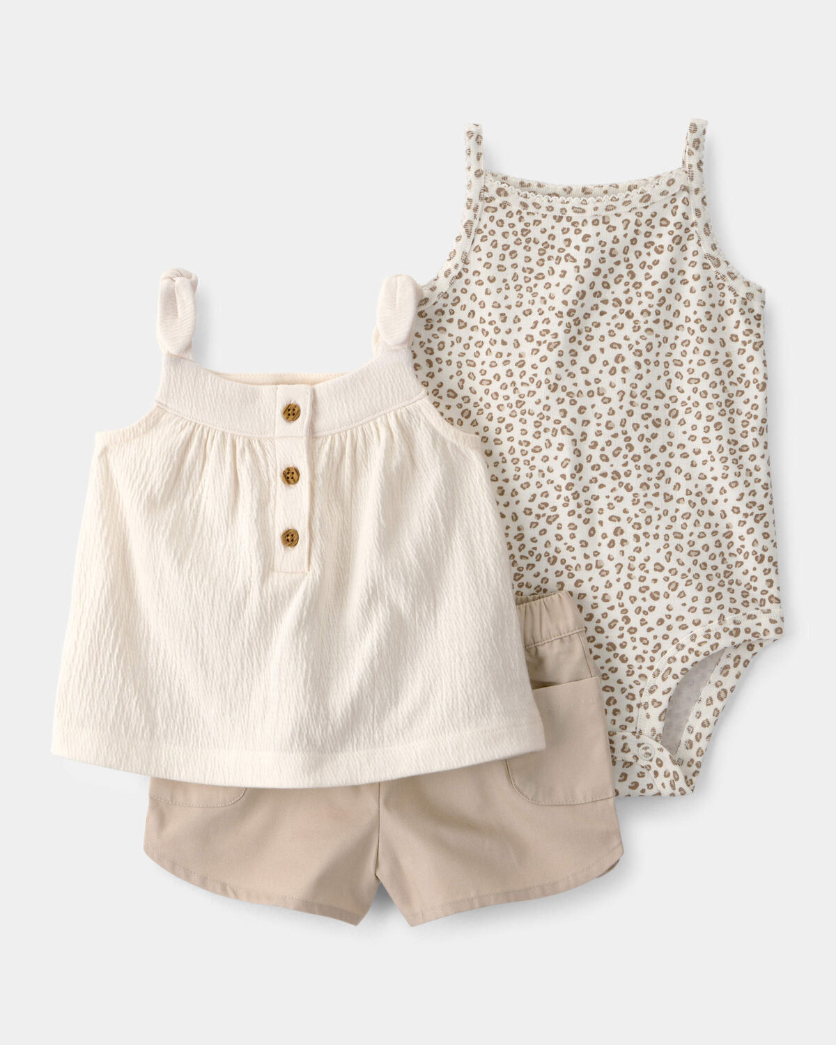 Baby Girl 3-Piece Cheetah Top, Bodysuit & Short Set - Khaki/Ivory 1 Baby Girl 3-Piece Cheetah Top, Bodysuit & Short Set - Khaki/Ivory