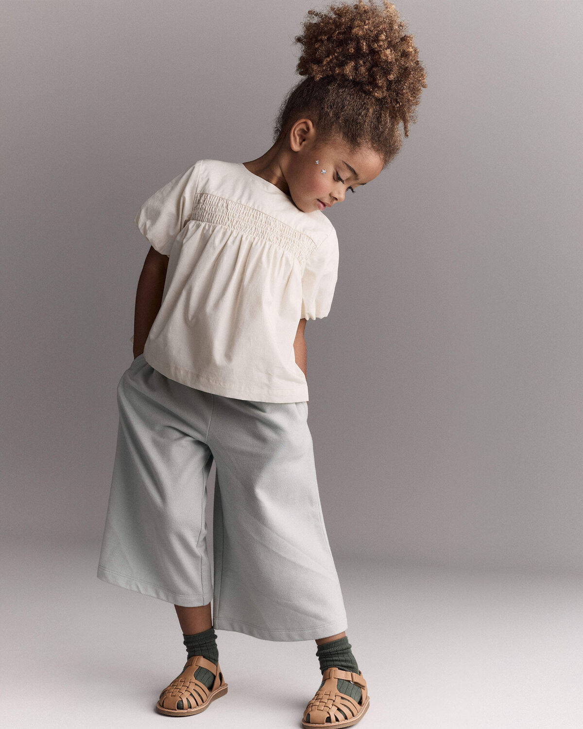 Toddler Girl Smocked Bubble Sleeve Top - Cream 3 Toddler Girl Smocked Bubble Sleeve Top - Cream