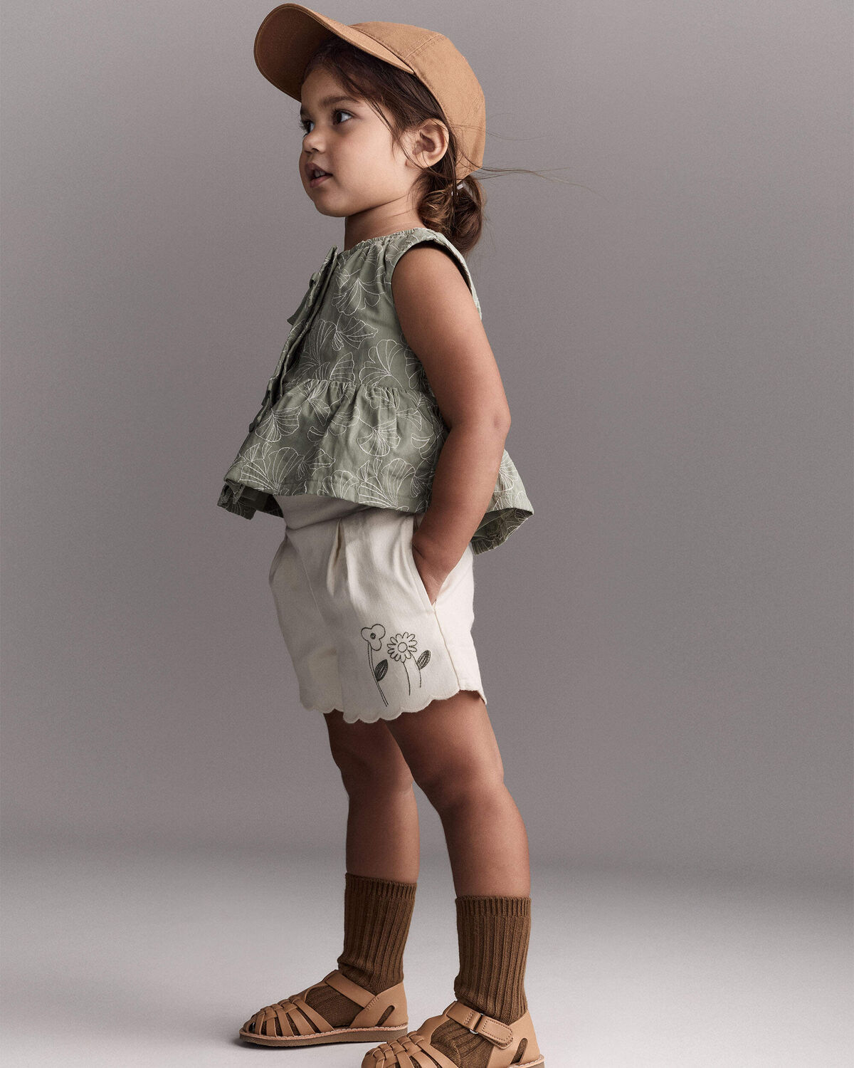 Toddler Girl Floral Scalloped Shorts - Cream 3 Toddler Girl Floral Scalloped Shorts - Cream