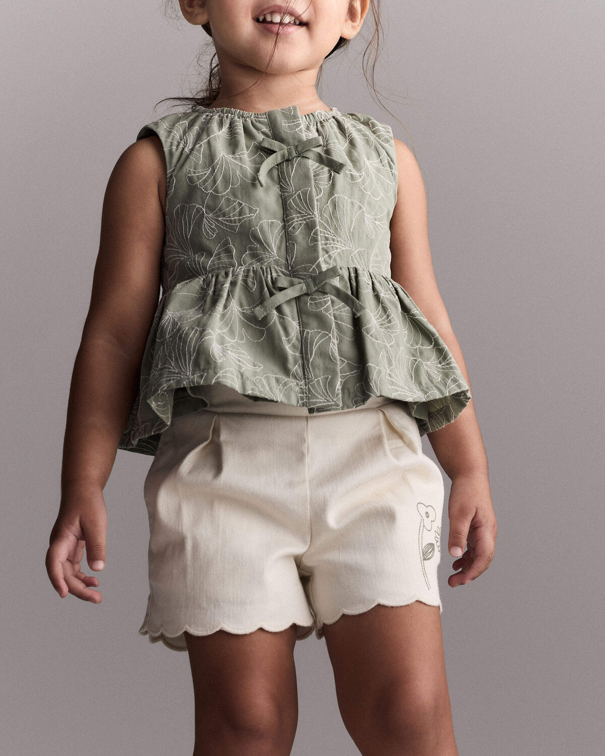 Toddler Girl Floral Scalloped Shorts - Cream 4 Toddler Girl Floral Scalloped Shorts - Cream