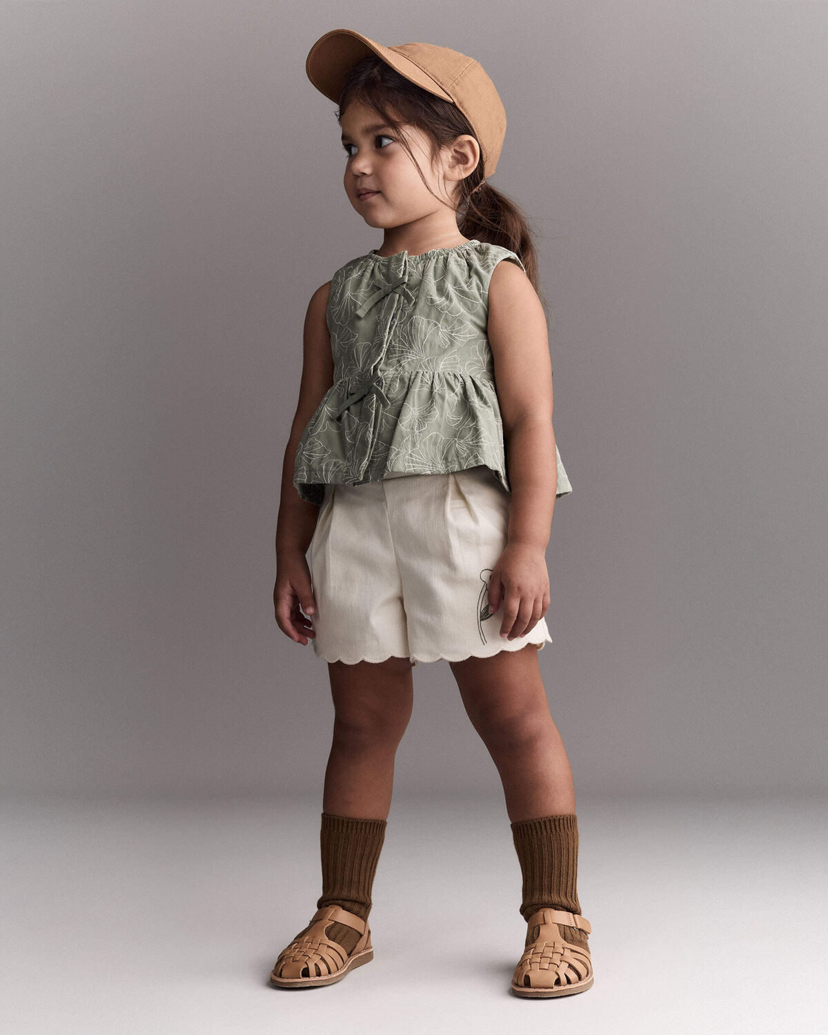 Toddler Girl Floral Scalloped Shorts - Cream 5 Toddler Girl Floral Scalloped Shorts - Cream