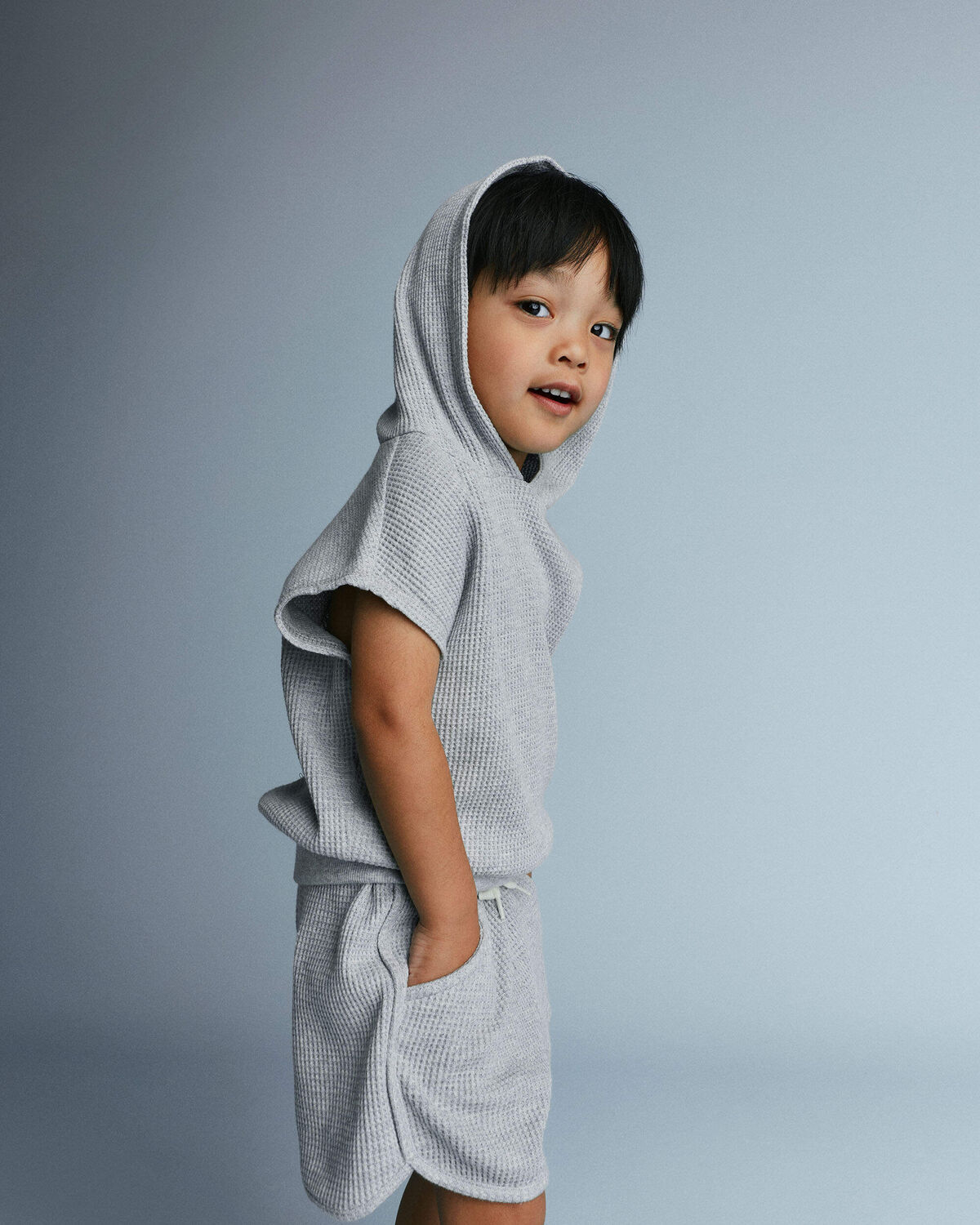 Toddler Waffle Knit Elastic-Waist Hooded Top - Heather Grey 5 Toddler Waffle Knit Elastic-Waist Hooded Top - Heather Grey