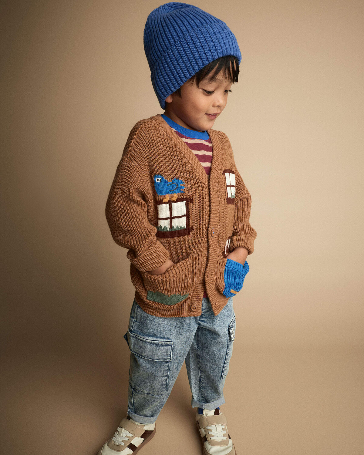 Toddler Cardigan with Avenue Pockets in House Print - Brown