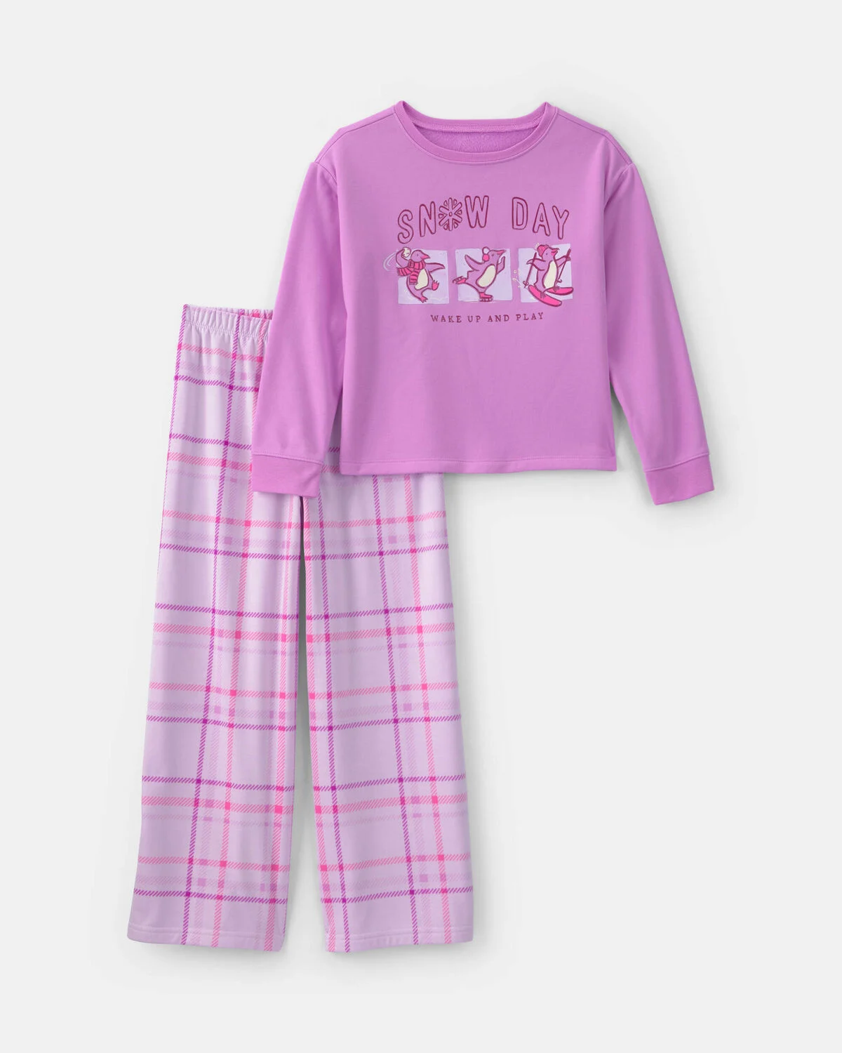 Girls 2-Piece 'Snow Day' Plaid Fleece Loose Fit Pajama Set - Purple