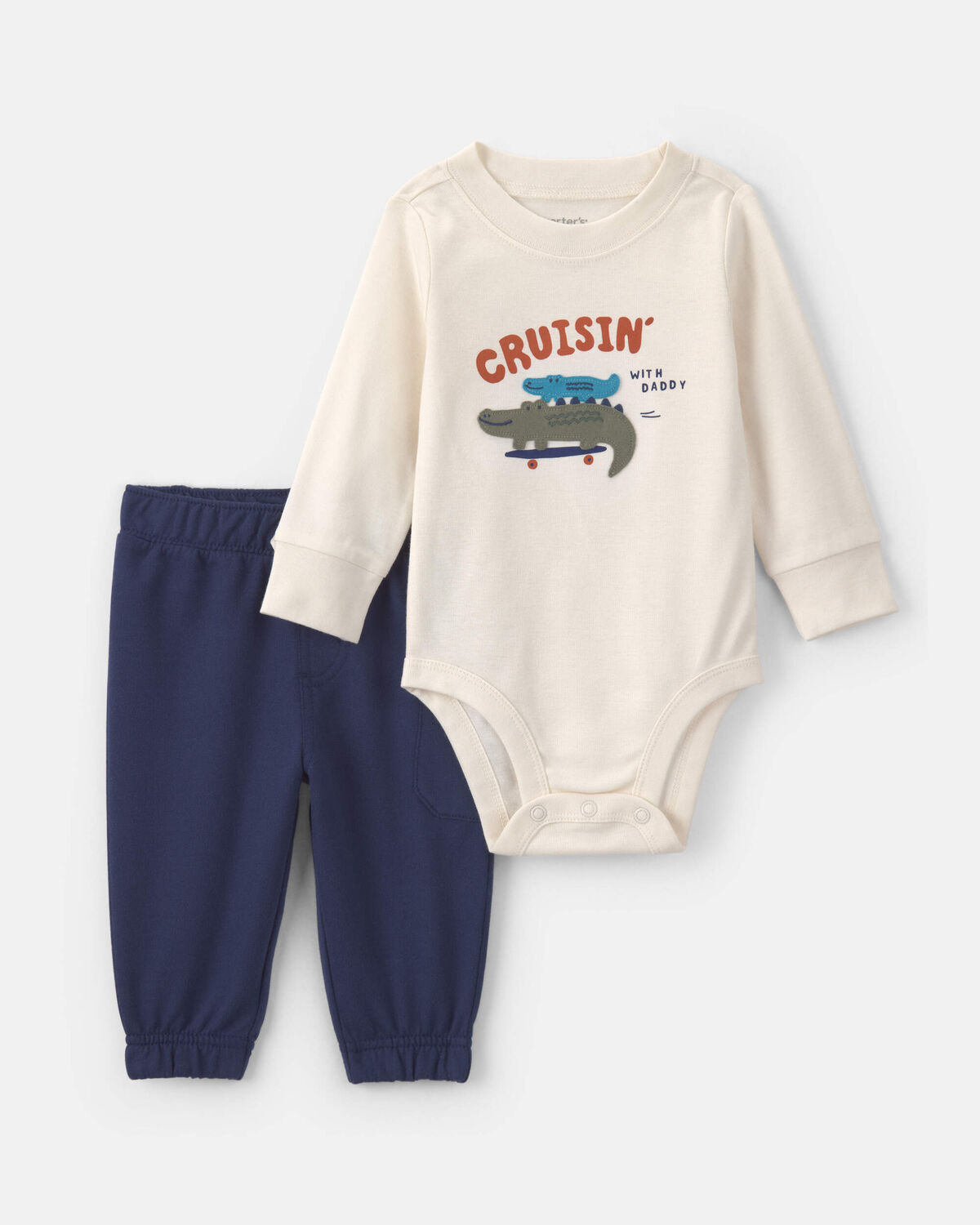 Baby Boy 2-Piece 'Cruisin' With Daddy' Alligator Long-Sleeve Bodysuit & Pant Set - Cream/Navy Blue