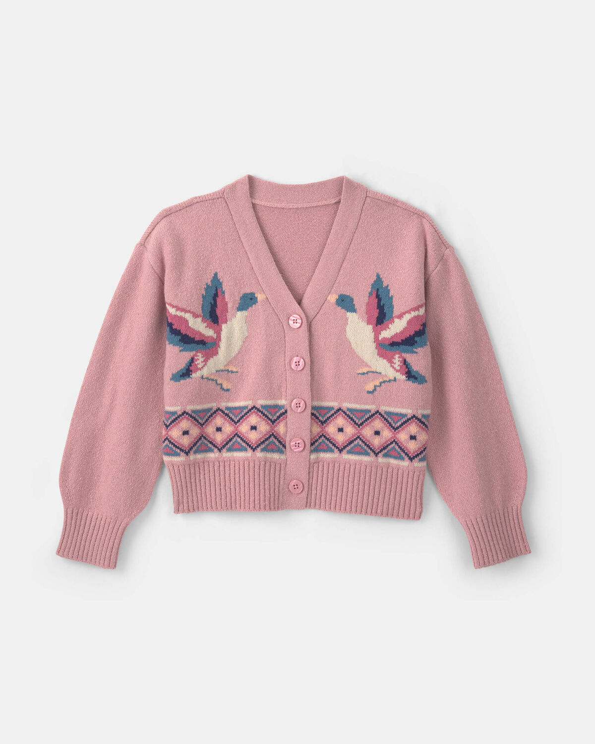 Girls Duck Fair Isle Long-Sleeve Cardigan Sweater - Pink 1 Girls Duck Fair Isle Long-Sleeve Cardigan Sweater - Pink