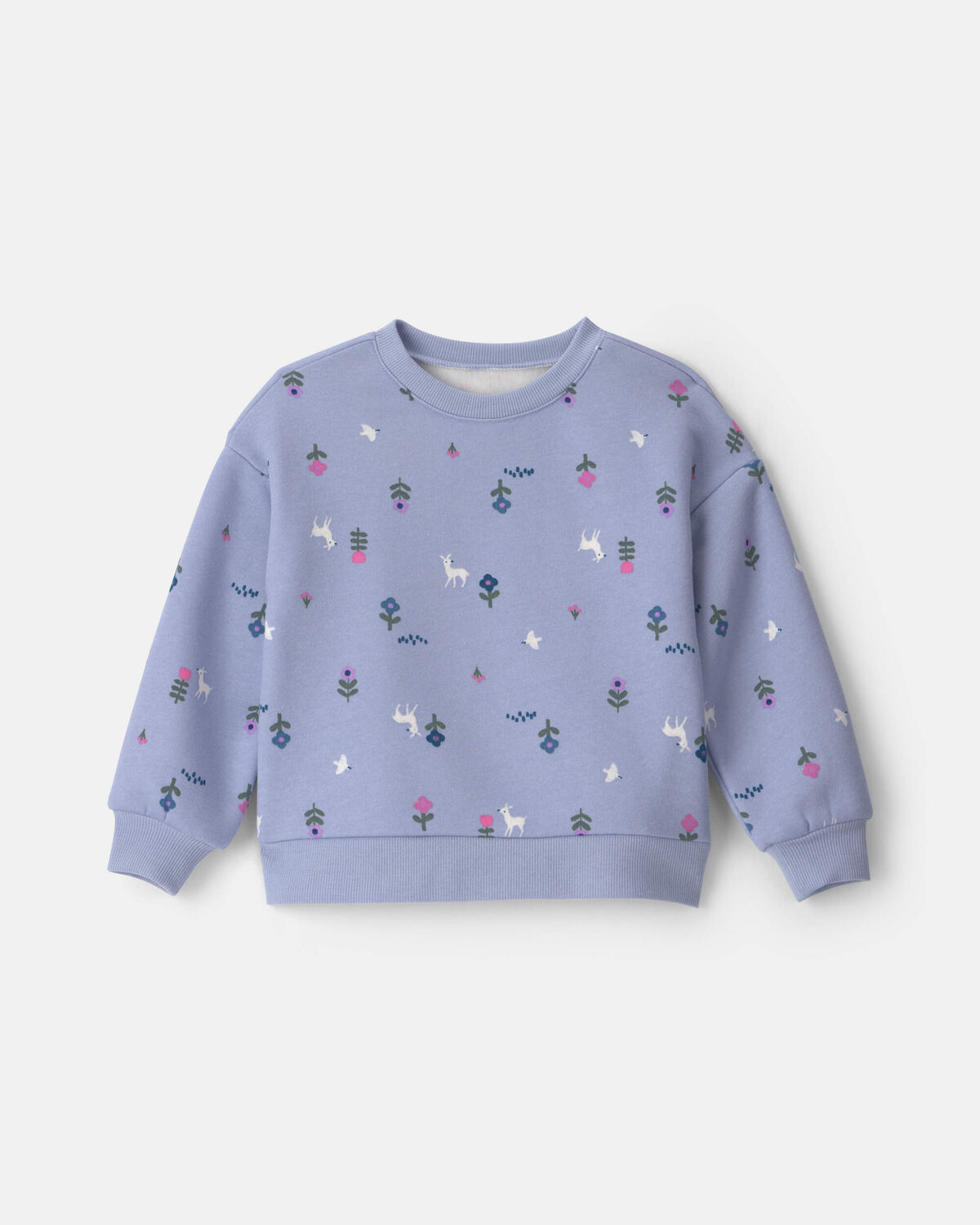 Deer Floral Fleece Long-Sleeve Pullover Sweatshirt - Blue