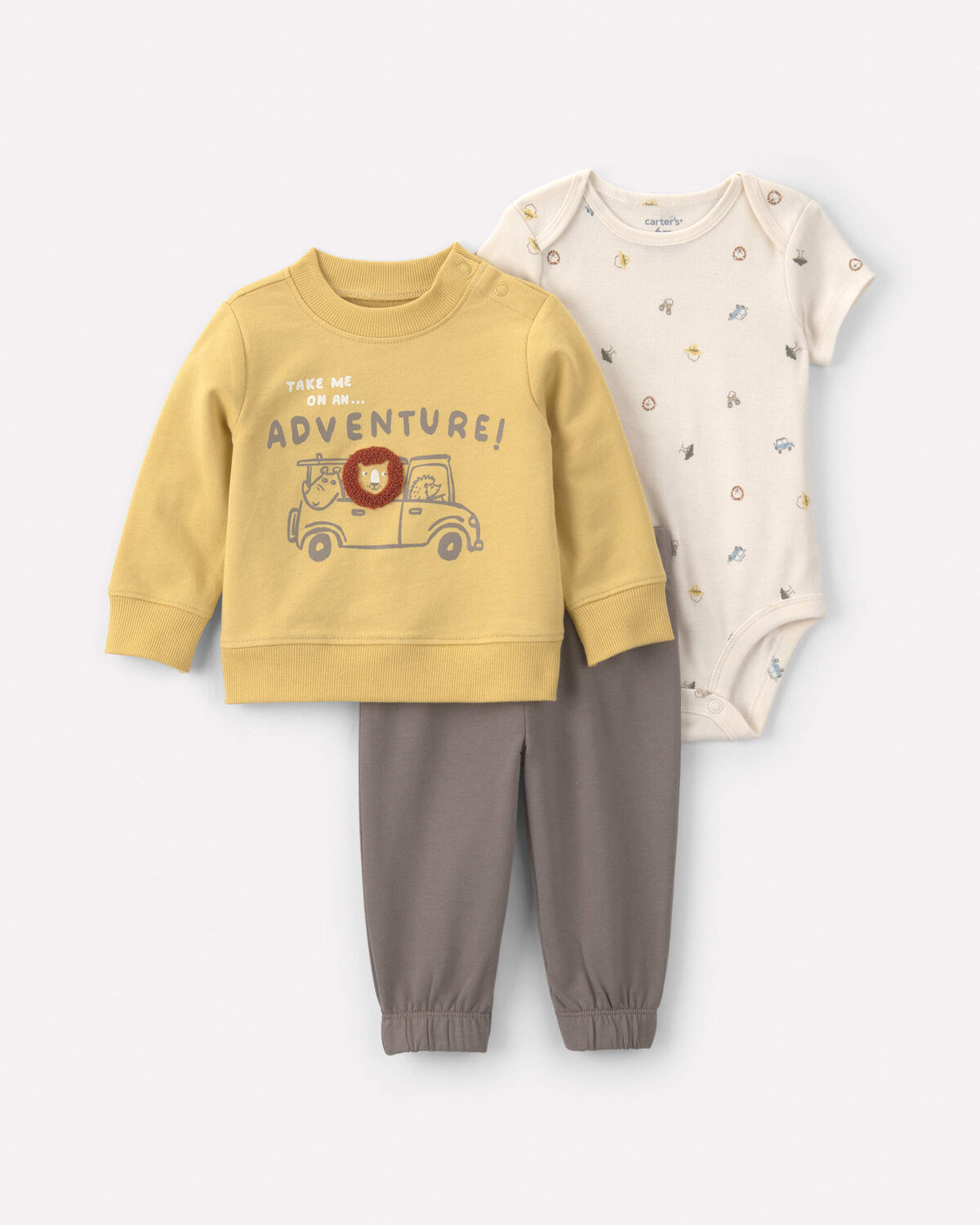 Baby Boy 3-Piece 'Take Me On An Adventure!' Lion French Terry Layering Set - Yellow/Grey 1 Baby Boy 3-Piece 'Take Me On An Adventure!' Lion French Terry Layering Set - Yellow/Grey