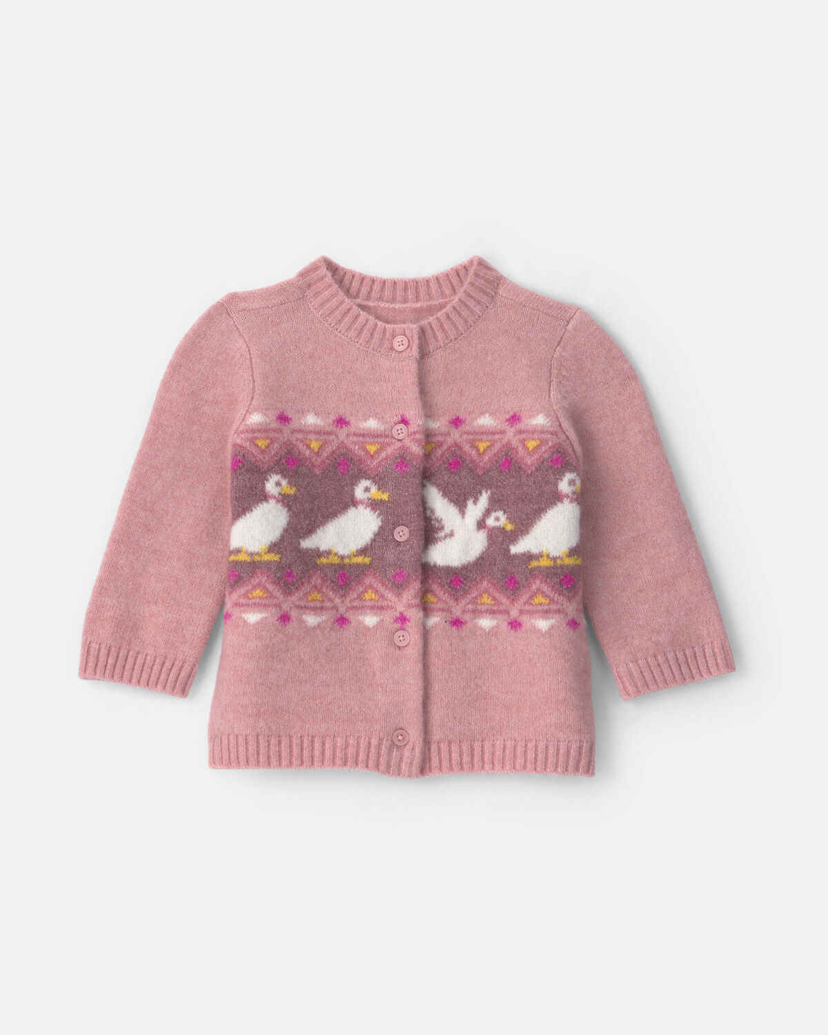 Baby Girl Duck Fair Isle Cardigan Sweater - Pink