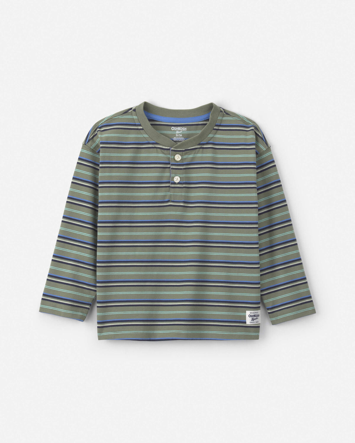 Striped Long-Sleeve Henley T-Shirt - Grey/Blue/Green