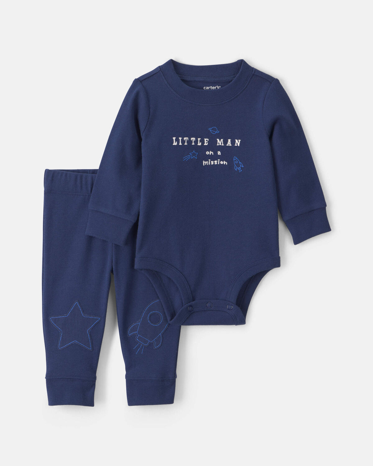Baby Boy 2-Piece 'Little Man On a Mission' Space Long-Sleeve Bodysuit & Pant Set - Navy Blue 1 Baby Boy 2-Piece 'Little Man On a Mission' Space Long-Sleeve Bodysuit & Pant Set - Navy Blue