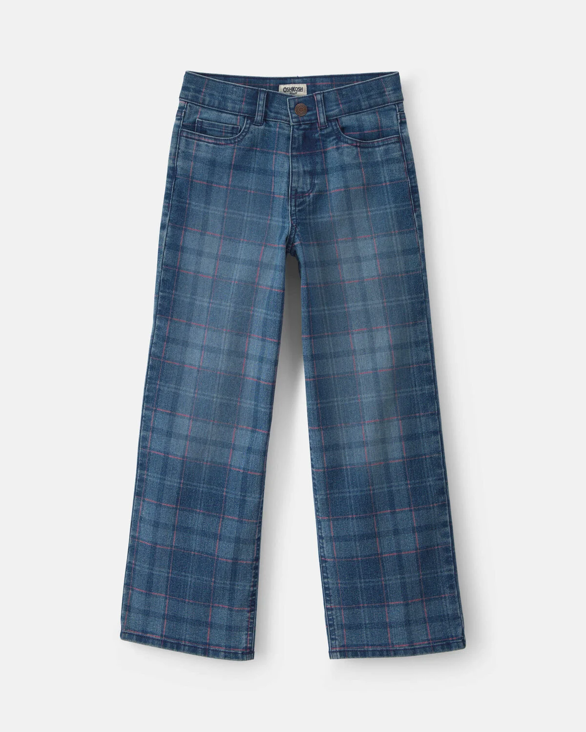 Girls Plaid Denim Wide-Leg Jeans - Medium Wash 1 Girls Plaid Denim Wide-Leg Jeans - Medium Wash